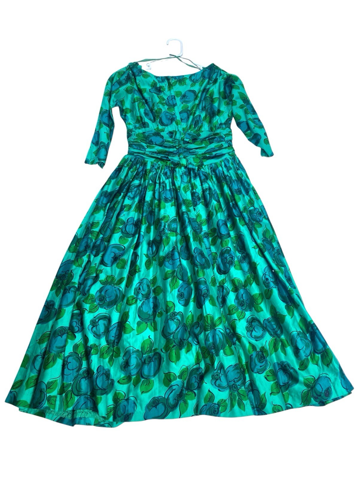Vtg 50s Teal Blue Watercolor Floral Day Dress Fit Flare Garden Tea Party Small