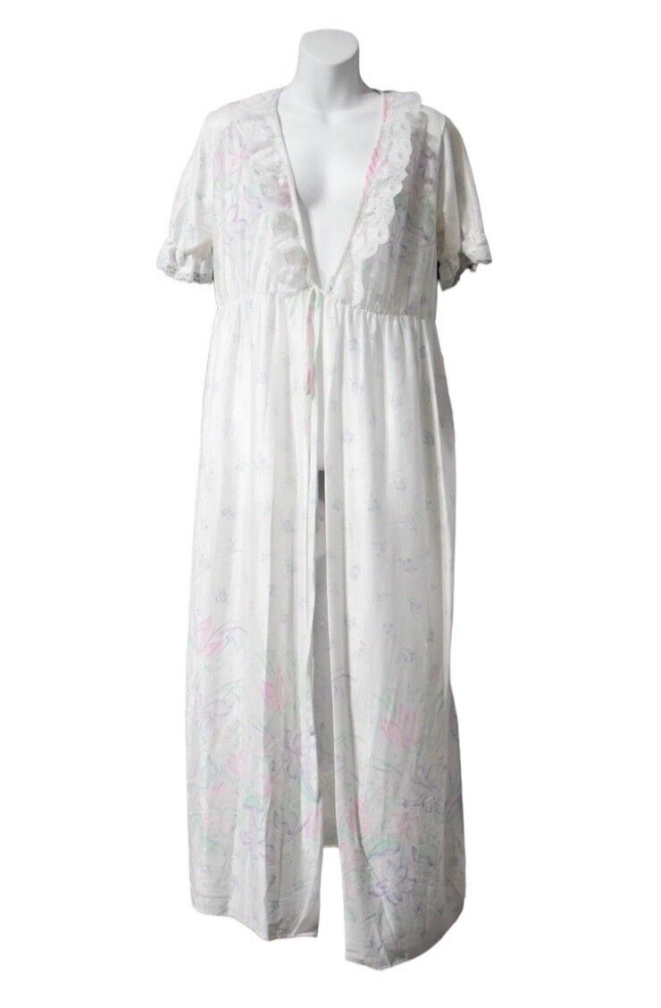 VTG Paramount New York Nightgown Peignoir Flowers white Robe Medium Nylon