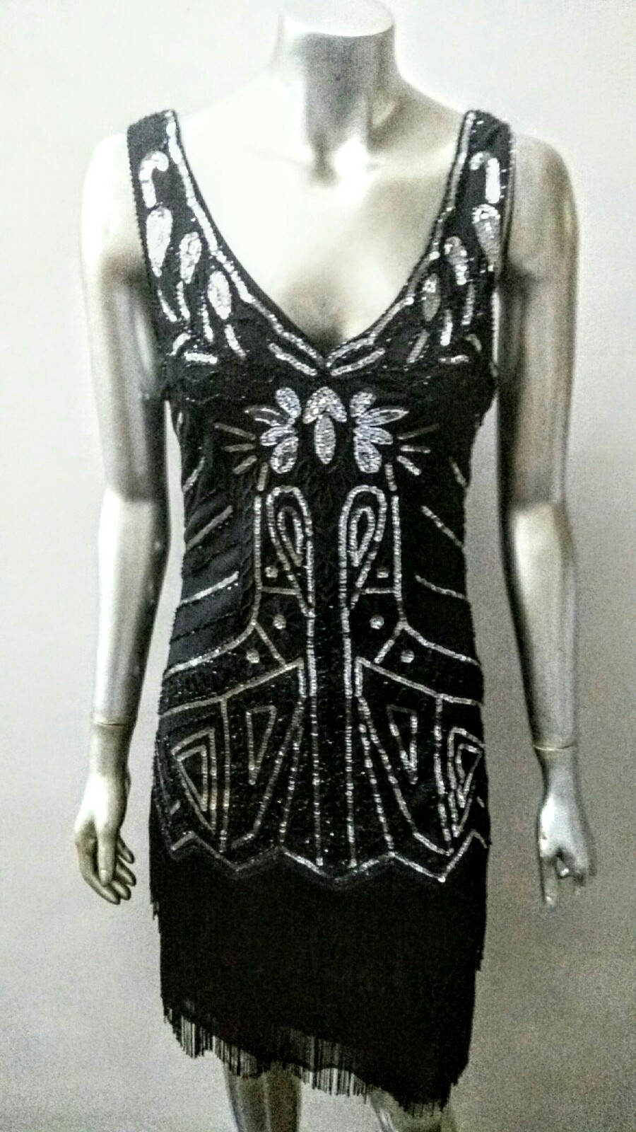EMBROIDERED SILVER SEQUINS & BEADED OP ART TIERED FRINGED MOD FLAPPER DRESS S/M
