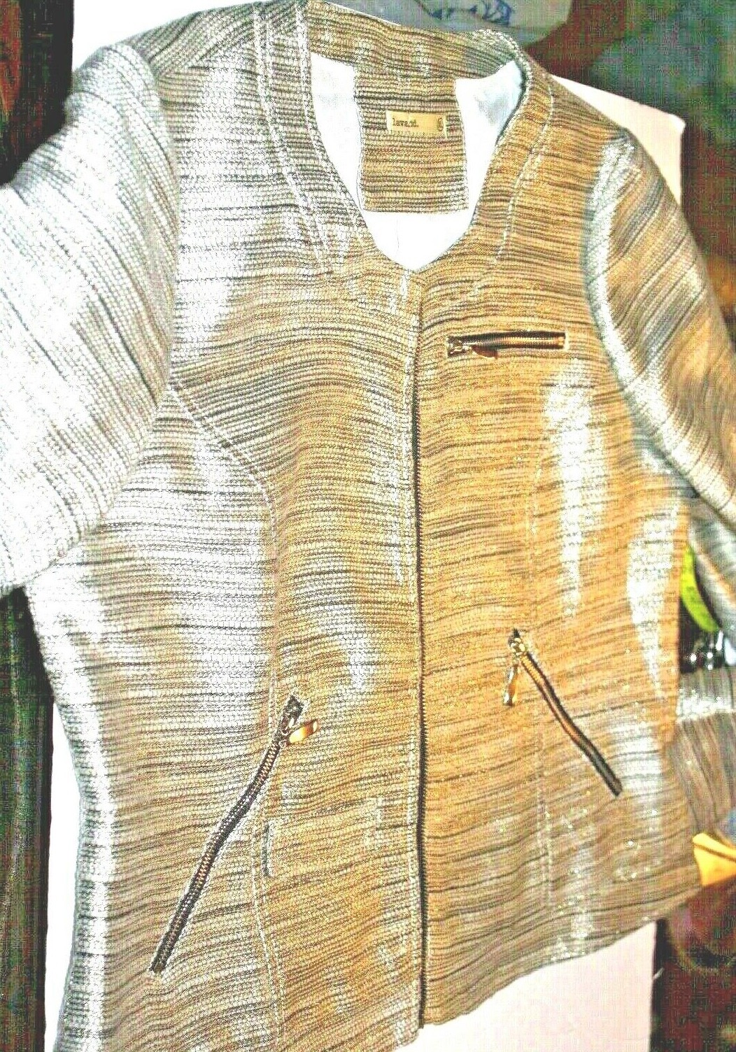 Lavand Vintage women XL jacket grey w/ metallic silver/gold threads throughout.