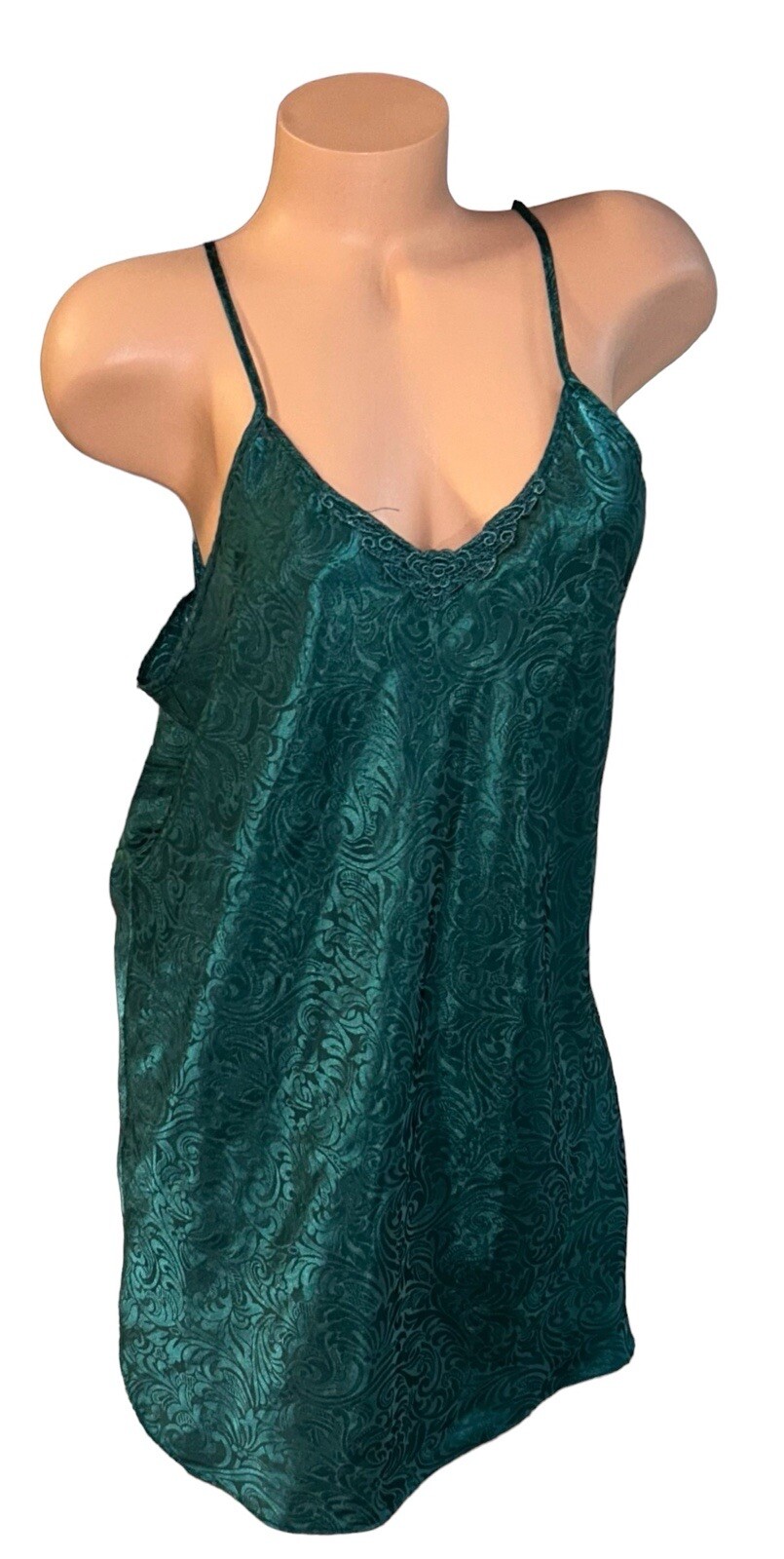 Romantic Moods Green Shiny Embossed Paisley Satin Nightie Slip Dress Nightgown L