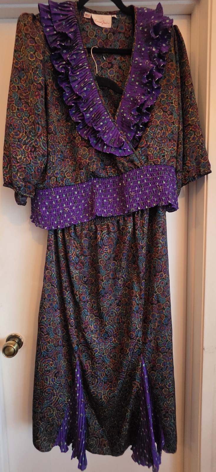 VTG 80s Susan Freis Women’s SET Top Skirt 11 Purple Floral Polka Dots USA Made
