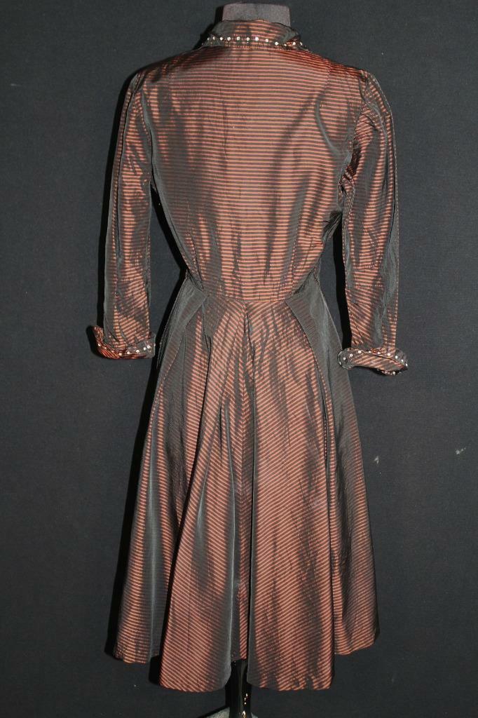 RARE VINTAGE 1950’S BRONZE SILK TAFFETA EVENING DRESS WITH RHINESTONES SIZE 4-6
