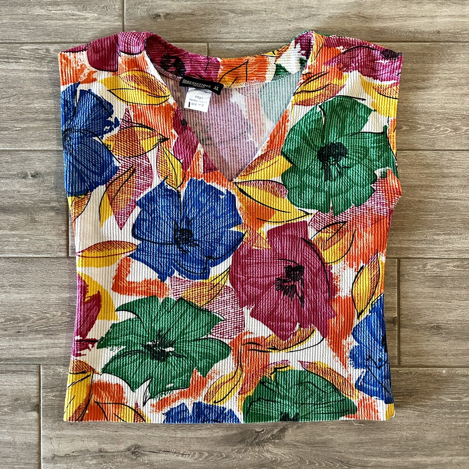 VTG 70’S IRRESISTIBLE II TROPICAL COLORFUL FLORAL PRINT CAP SLEEVE TOP S-M