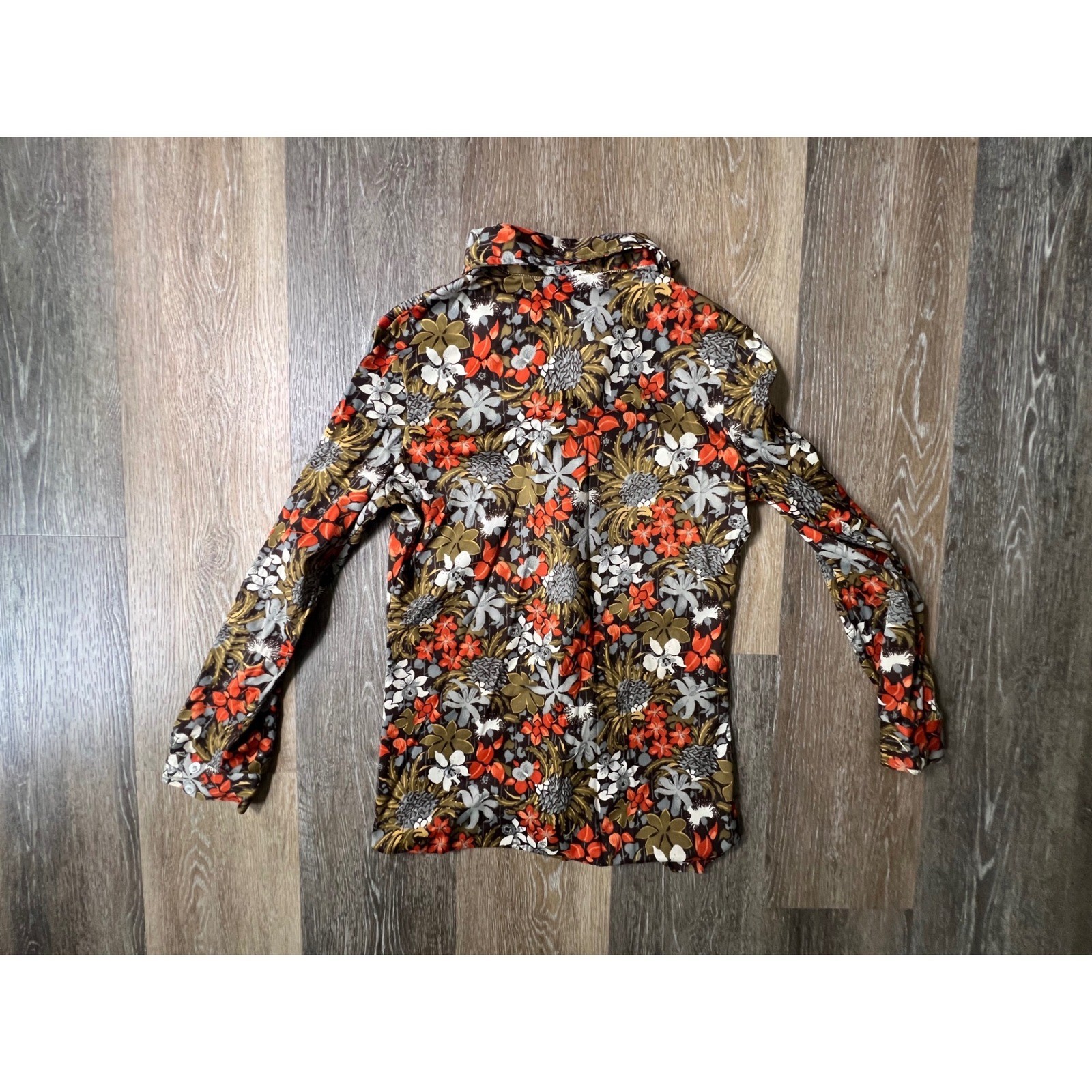 Queen Casuals Button Down Blouse Womens 11/12 Brown Orange Floral 70s Vintage