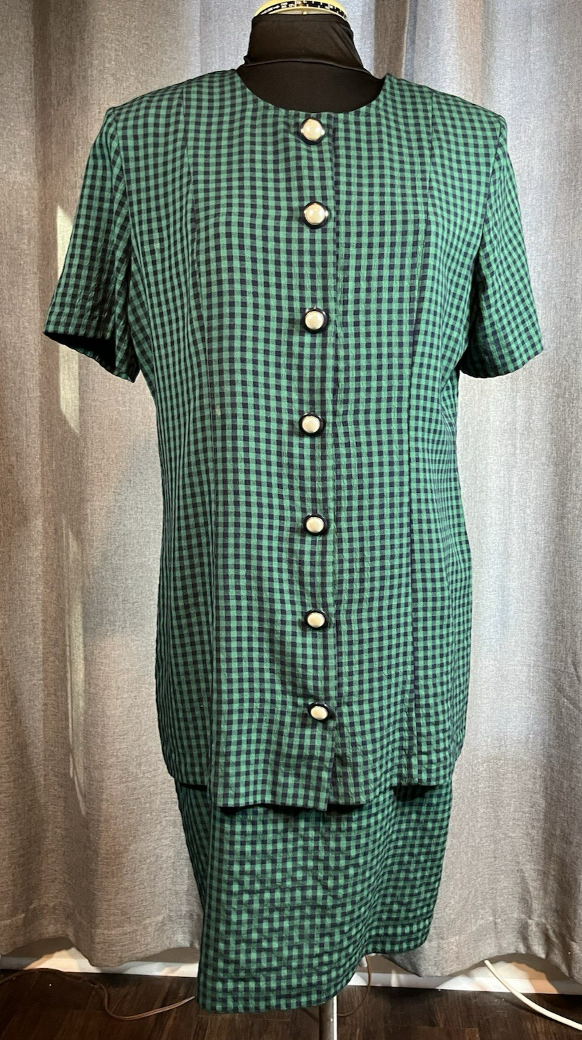 VTG 1990s Green & Navy Check Faux 2-pc Miss Dorby Dress