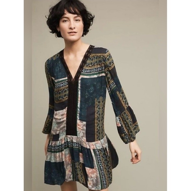Anthropologie Maeve Patchwork Lace Trim Peasant Mini Dress Tunic Green Size XS