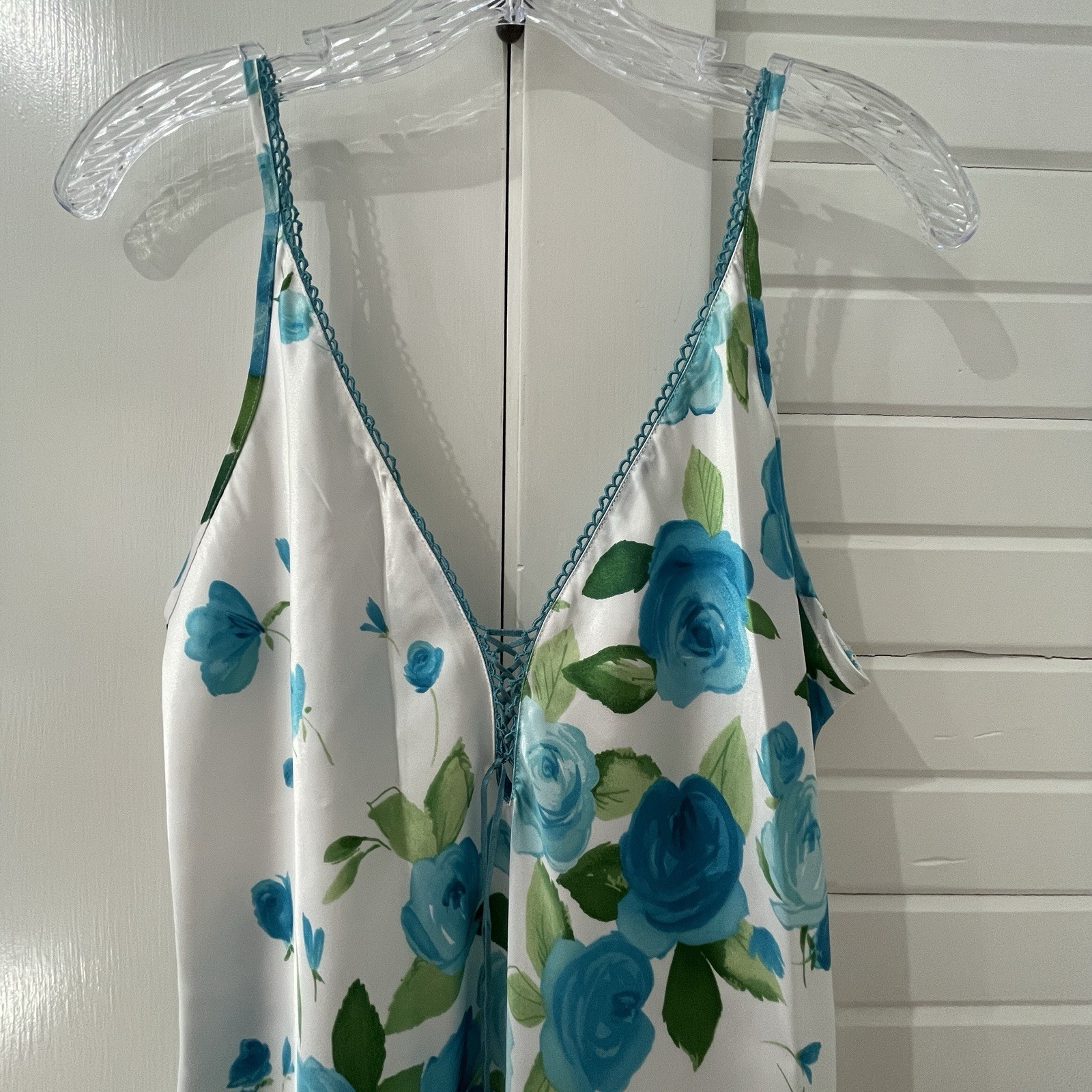Vtg California Dynasty White Satin Blue Floral Nightgown Loungewear Women’s M