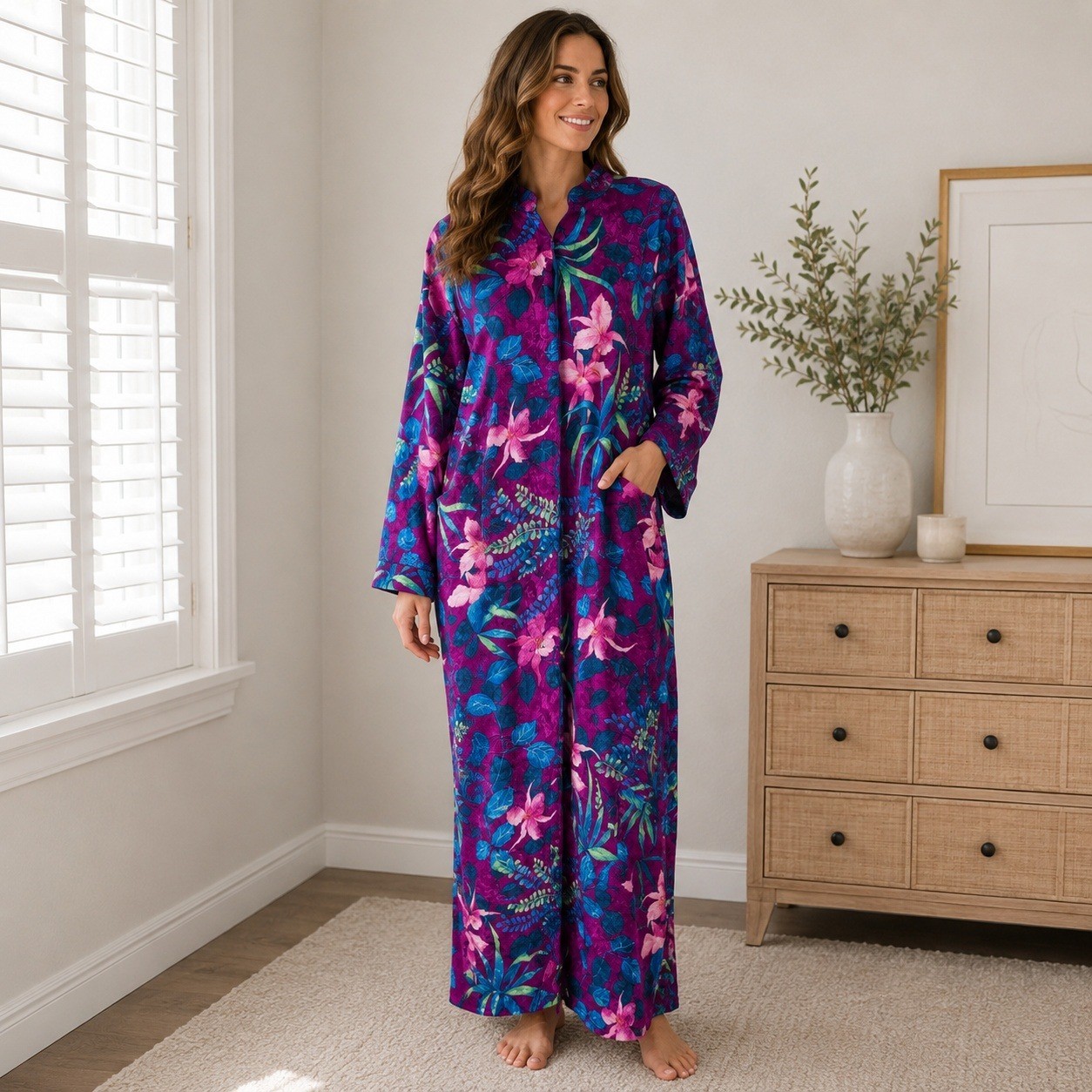 Valerie Stevens Vintage 80s 90s Floral Satin Caftan Maxi Jacquard Lounge Dress L