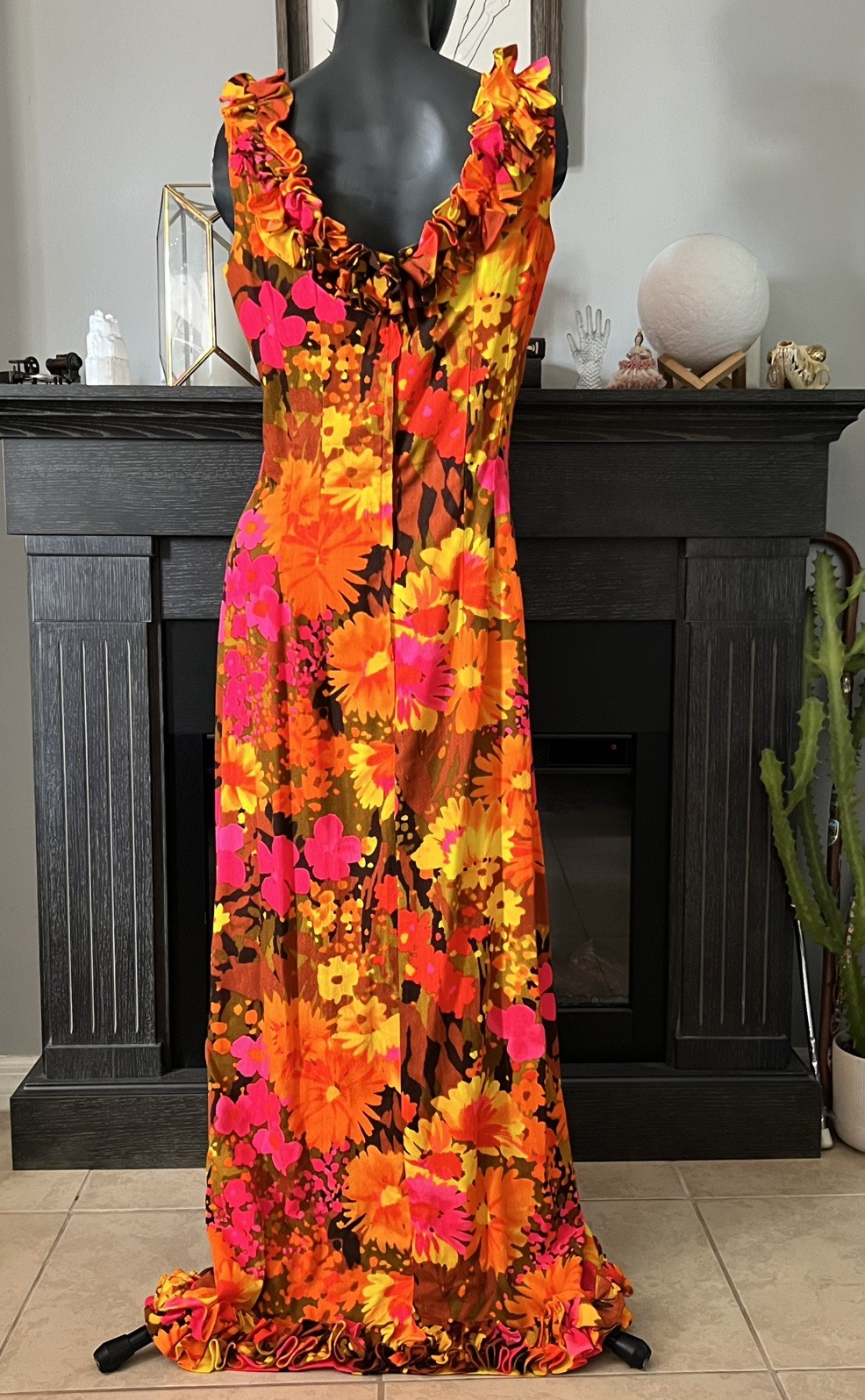 Sun Fashions Hawaii Honolulu Vintage 70s Psychedelic Hawaiian Tiki Maxi Dress M