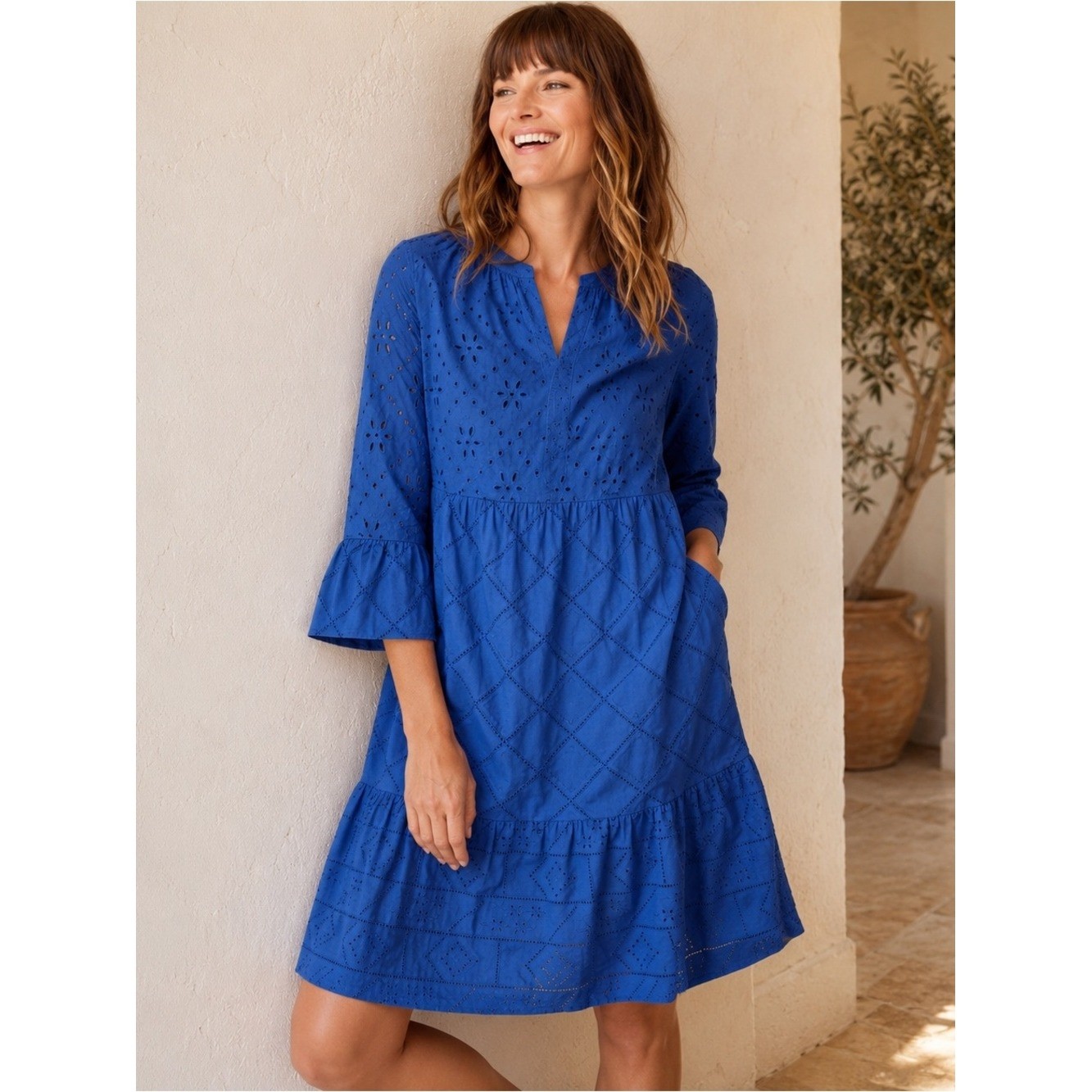 J. Jill Blue Eyelet Embroidered Tiered Cotton Dress Size L