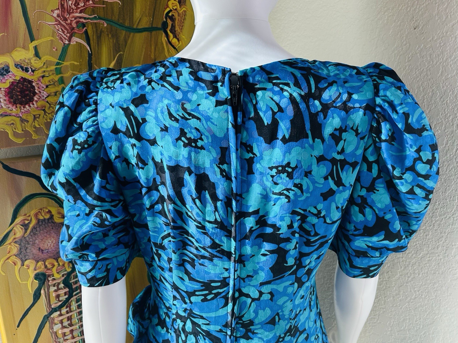 A.J. Bari Blue Floral Print Tiered Dress Bow 80s Vtg Sz 12 See Measurements