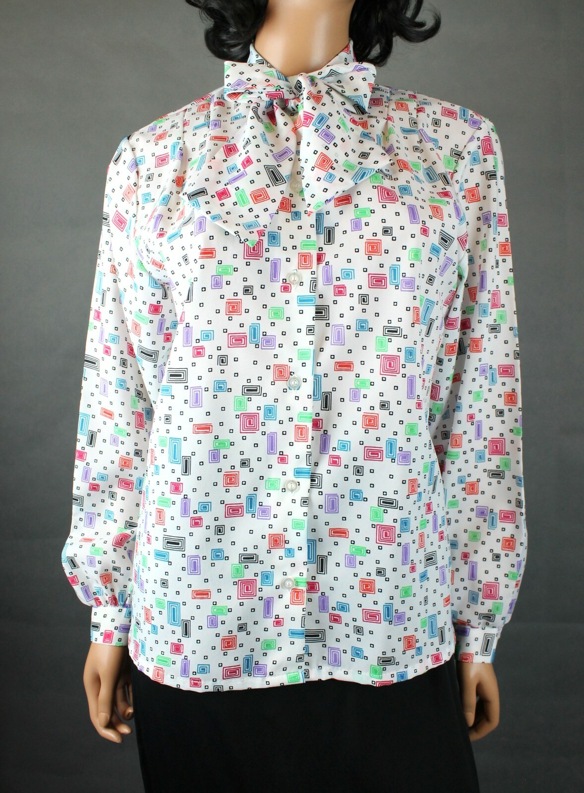 Pussy Bow Blouse Sz L Vintage 80s Funky White Geometric Long Sleeve Dress Shirt