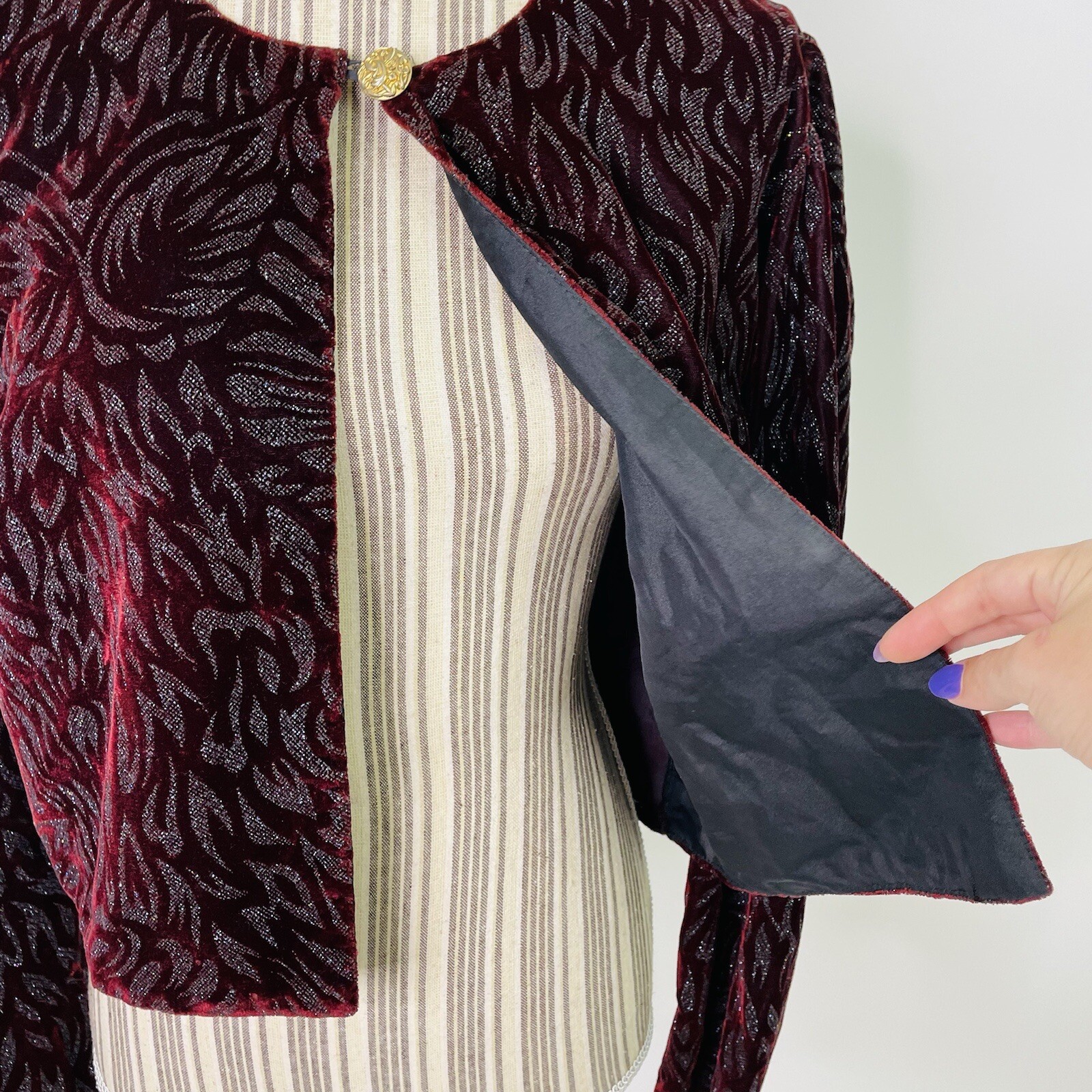 Vintage 80s 90s Velvet Encrusted Embossed Bling Sparkle One Button Cardigan L/XL