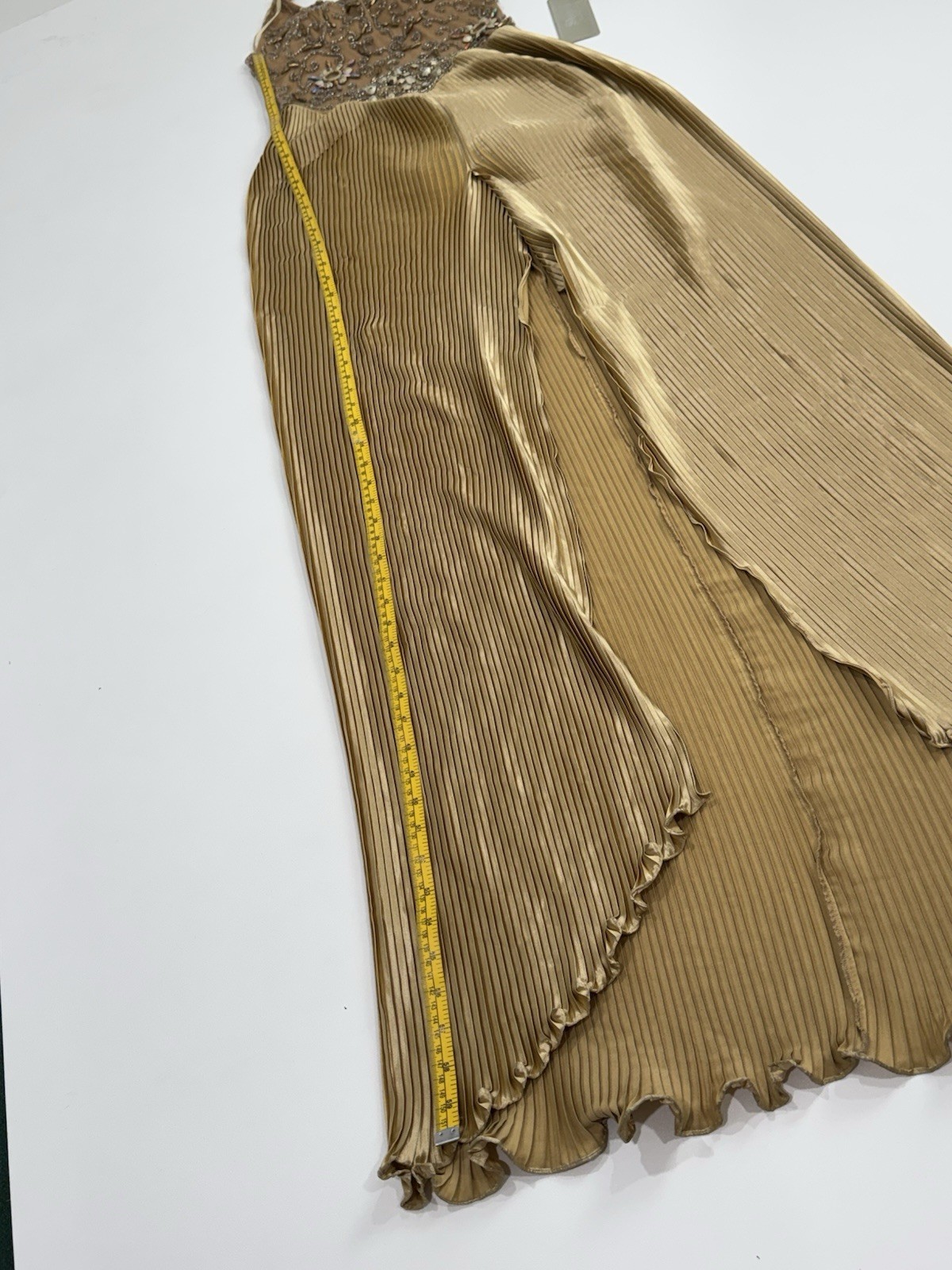 VTG Y2K Sherry Haute Couture Gold Beaded Pleated Gown Front Slit Designer