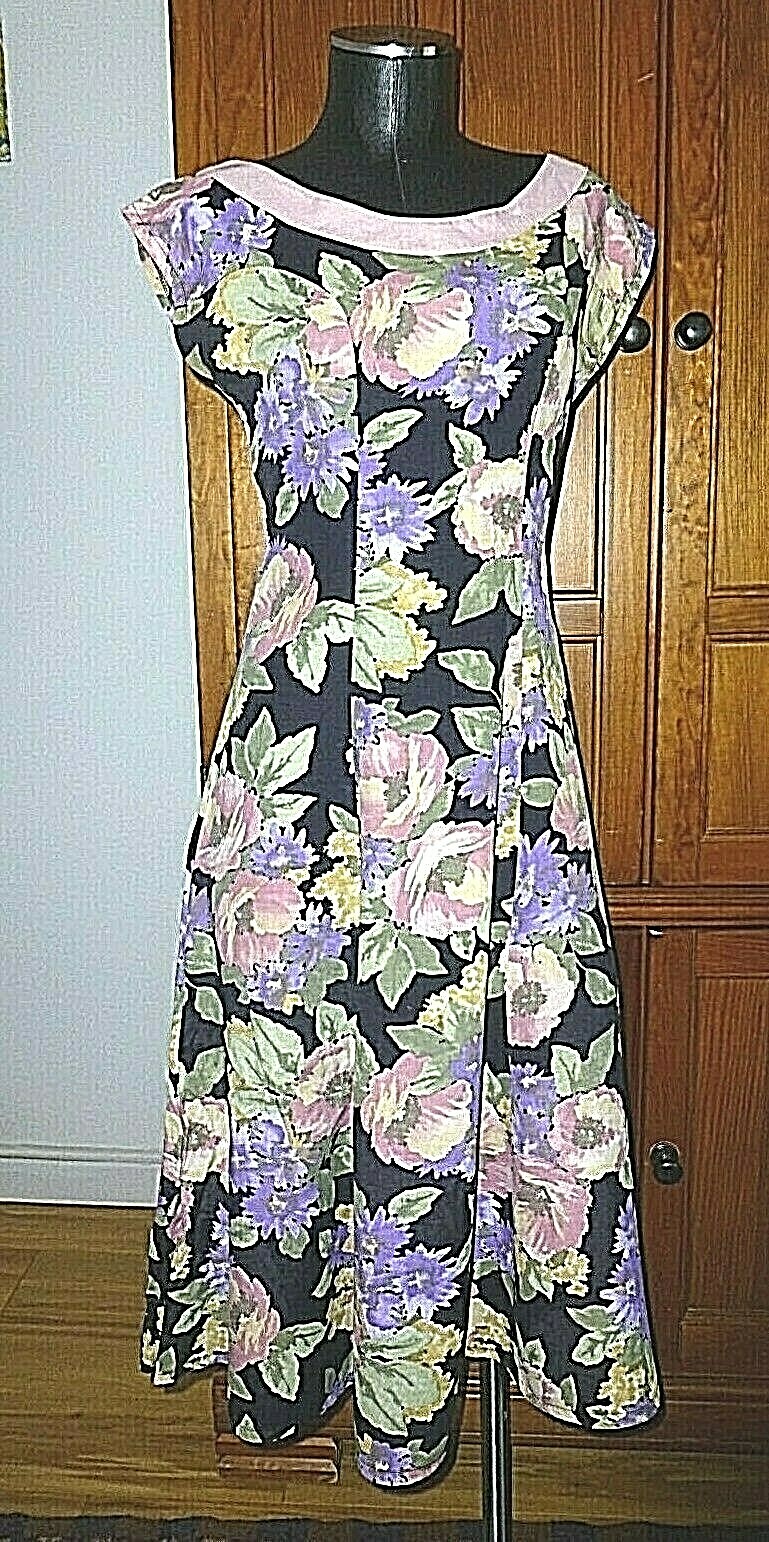 Vtg 80s French Country BoHo Floral Print Garden Party Bow Belt midi DRESS S M