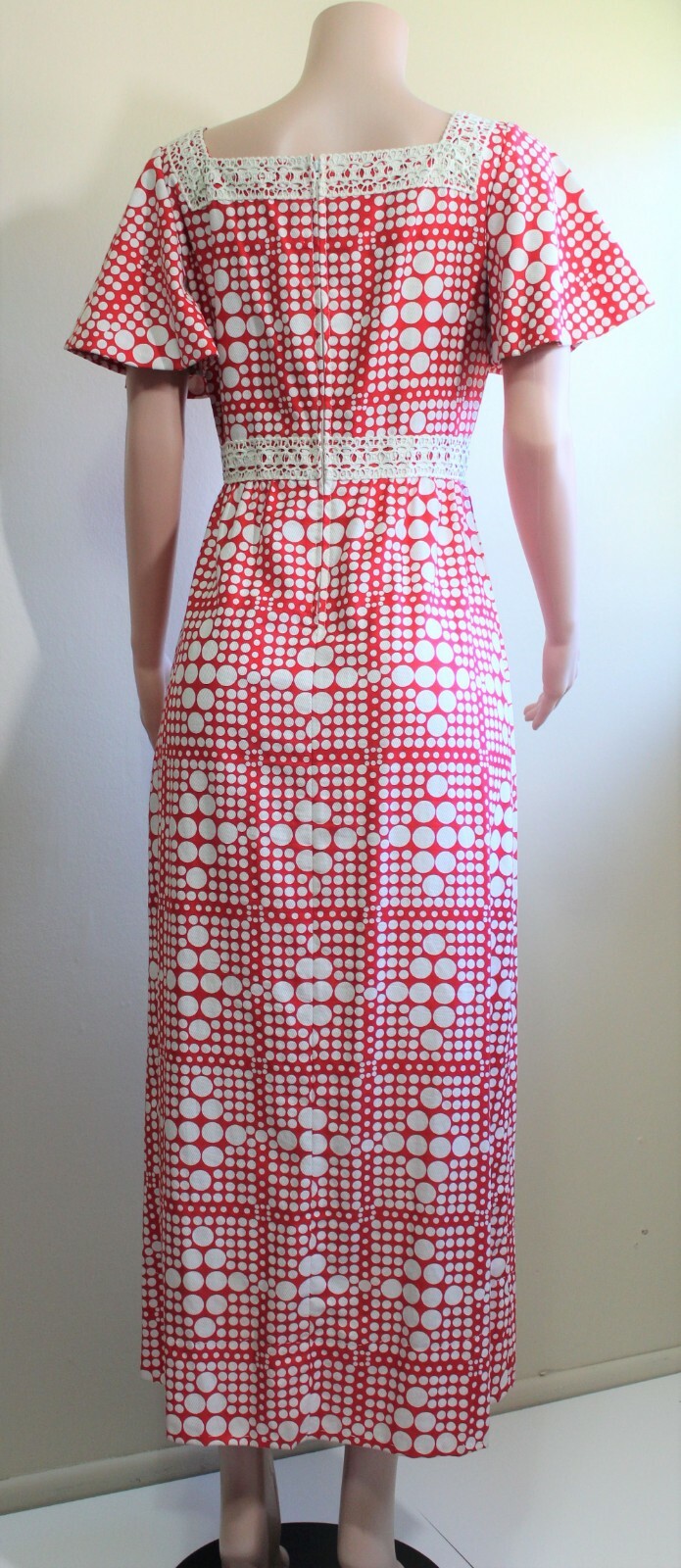 M Vintage 70s Maxi Prom Dress A Line Red White Polka Dot SS Puritan Juniors