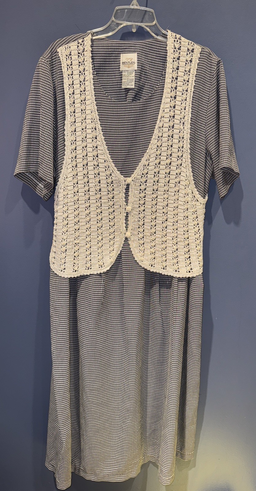 20W Dress With Crochet Vest And Pearl Details, Bentley Vintage Navy White