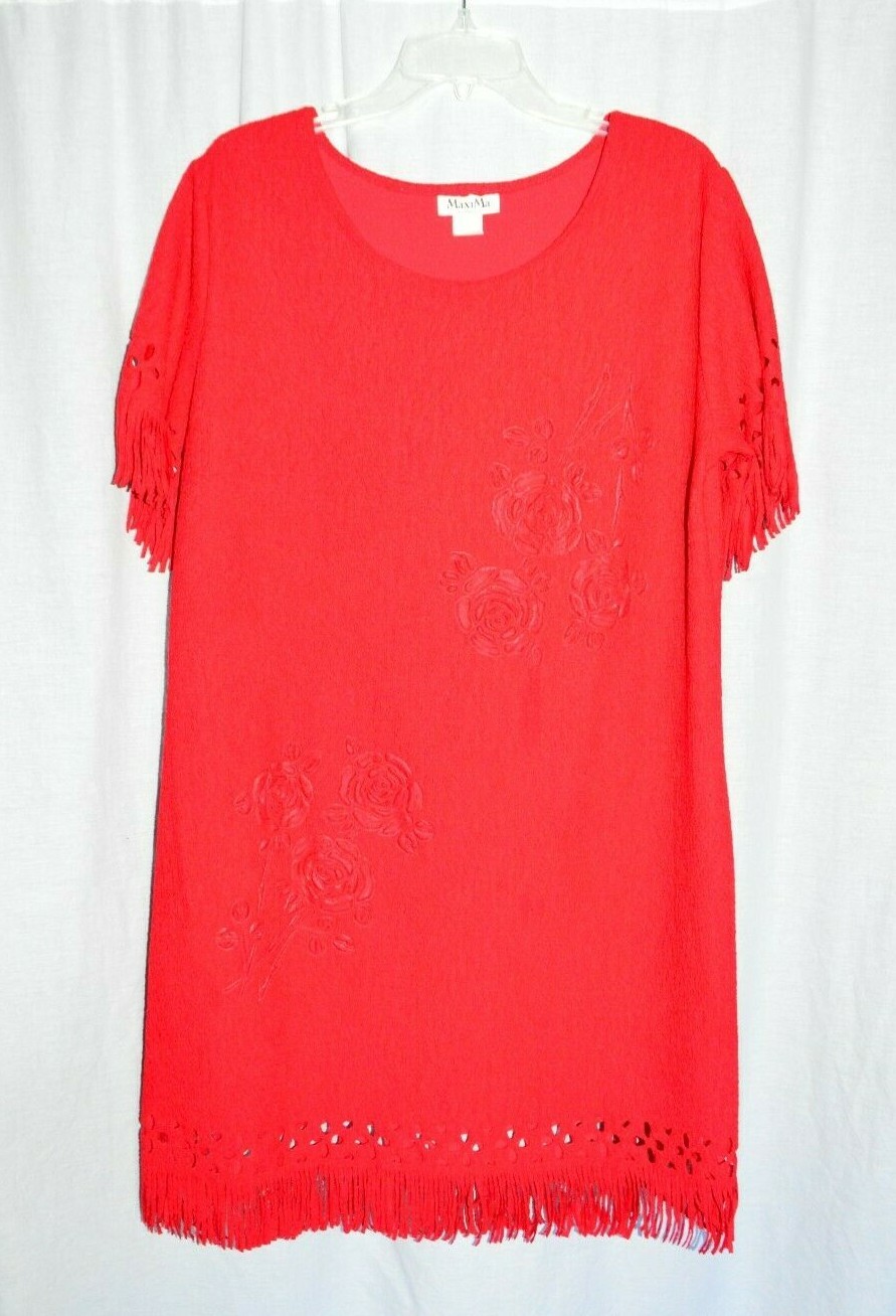 MaxiMa Red Floral Vintage Drop Waist Dress Large Fringe Open Cut Polyester USA