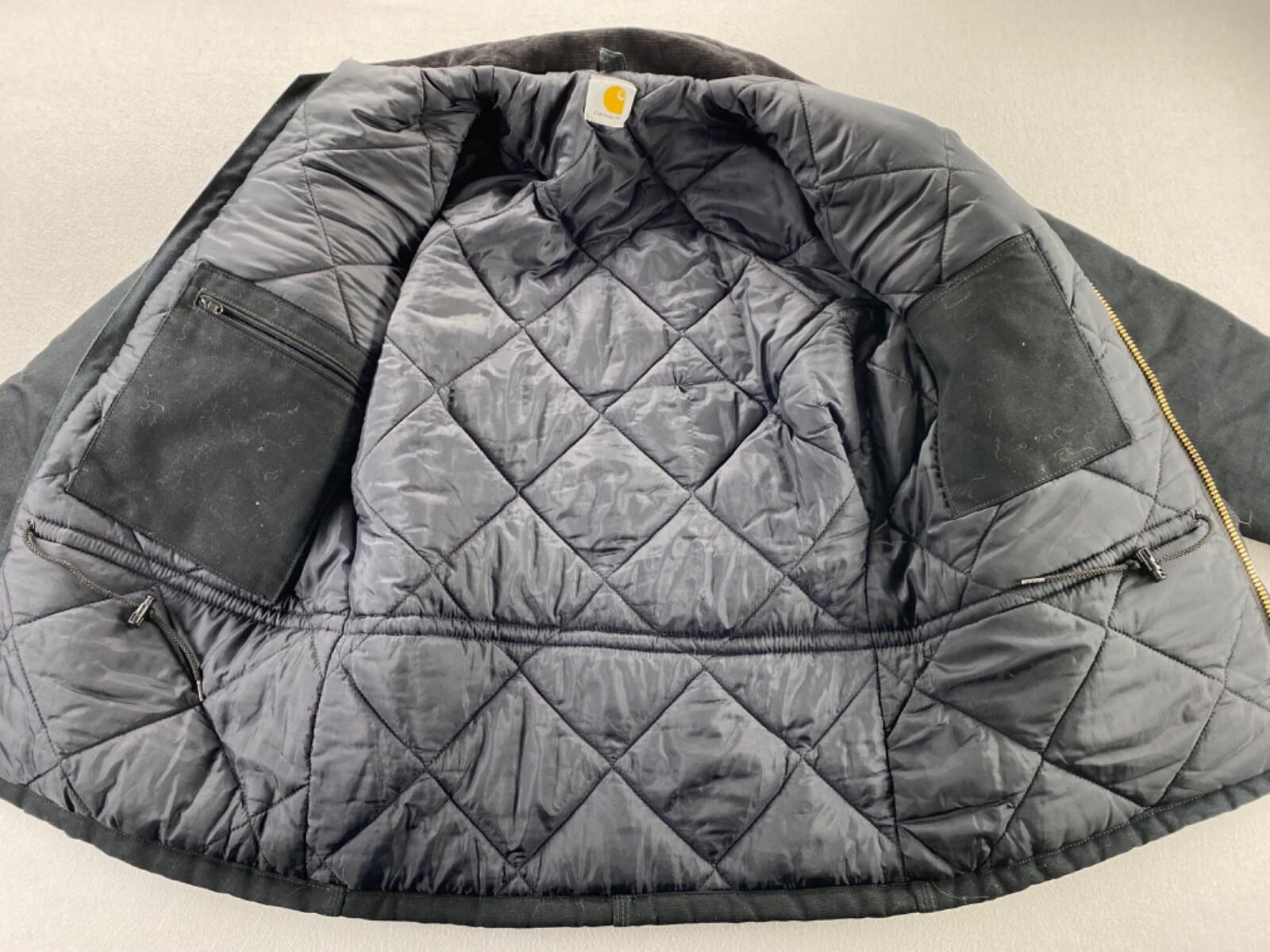 Carhartt Work Duck Chore Jacket Corduroy Collar Black Quilted Lined Canvas READ