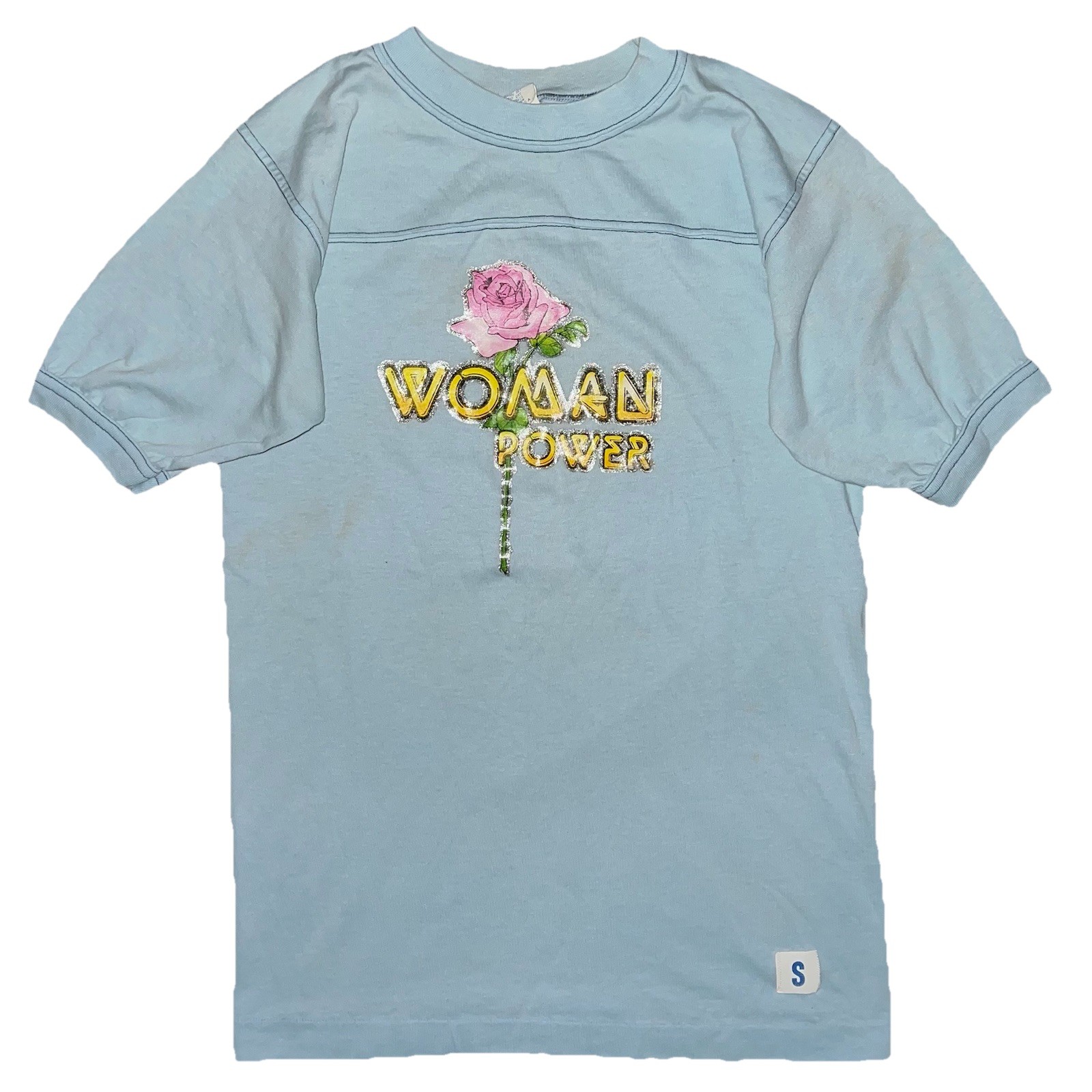 Vtg 70s Unbranded Woman Power Roses Glitter Iron On Print Jersey T Shirt Small