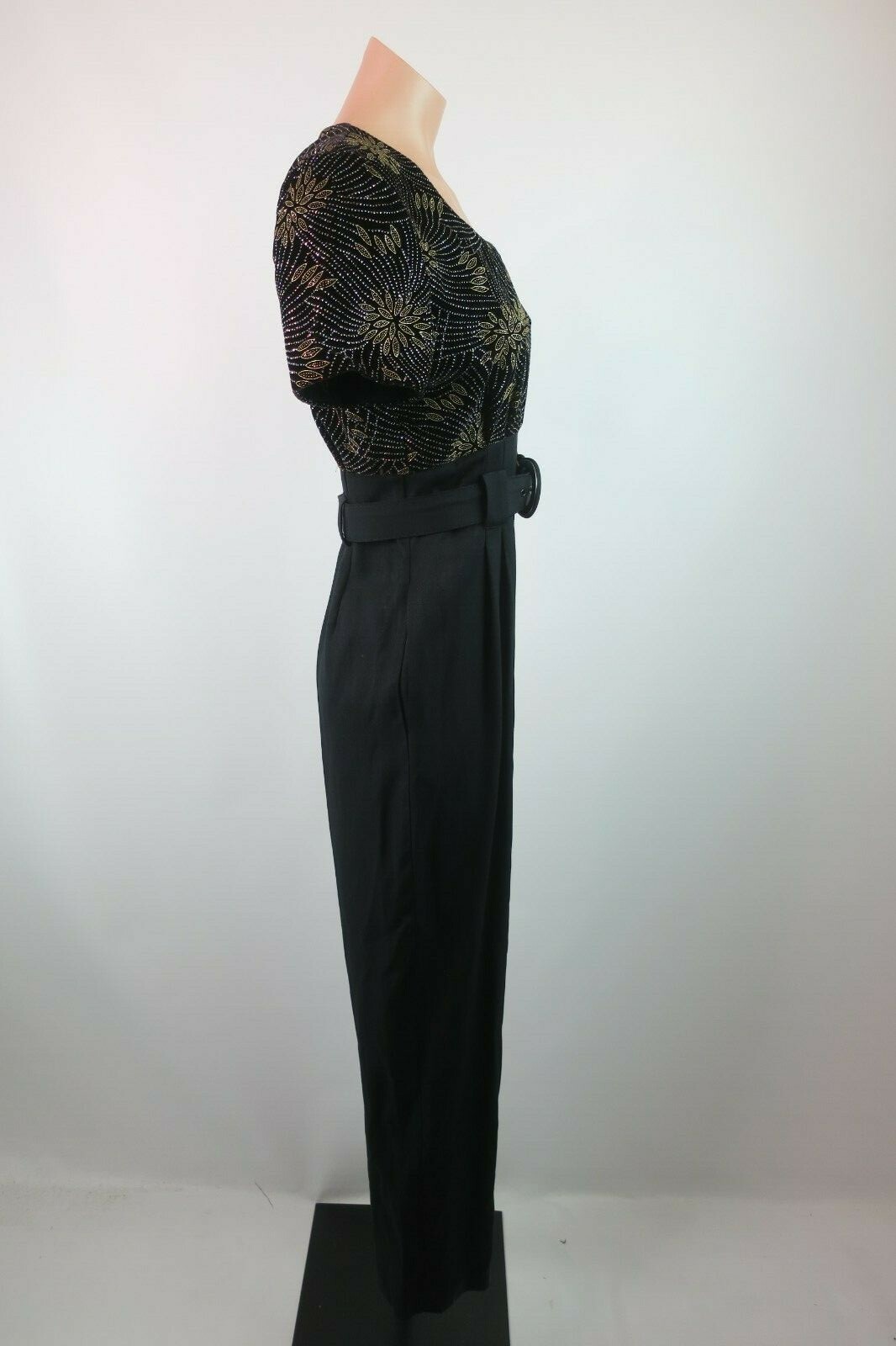 VTG 80s Sexy Glitter Tapered Boho Festival Jumpsuit Metallic Floral Belted sz 6