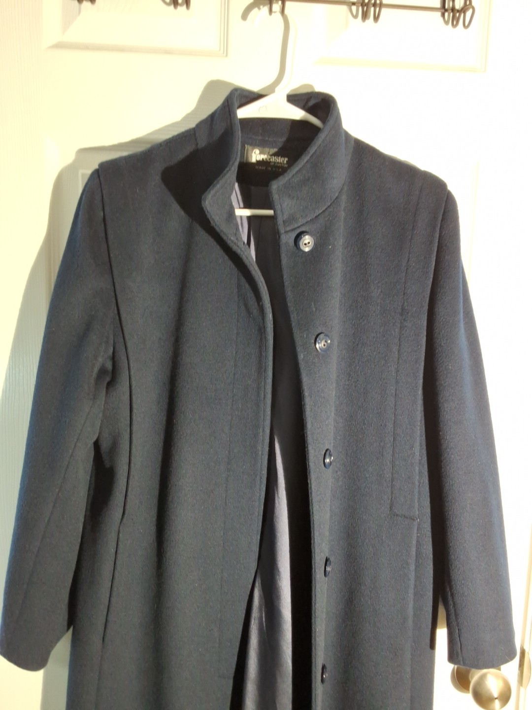 VTG Forecaster of Boston Womans Navy Blue Wool Long Coat Stand Up Collar Sz 7/8