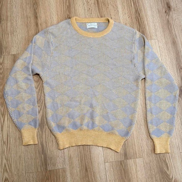 Christian Dior Vintage Diamond Knit Sweater Blue Yellow Linen Blend Large USA