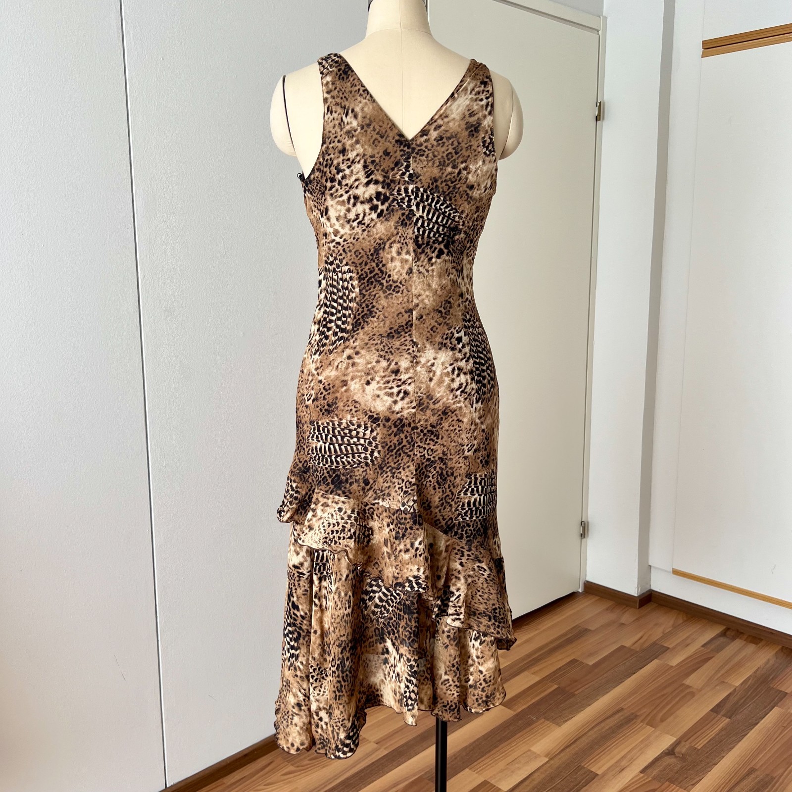 90s Leopard Print Midi Slip Dress Asymmetrical Hem Fairycore Bias Cut Slinky 44