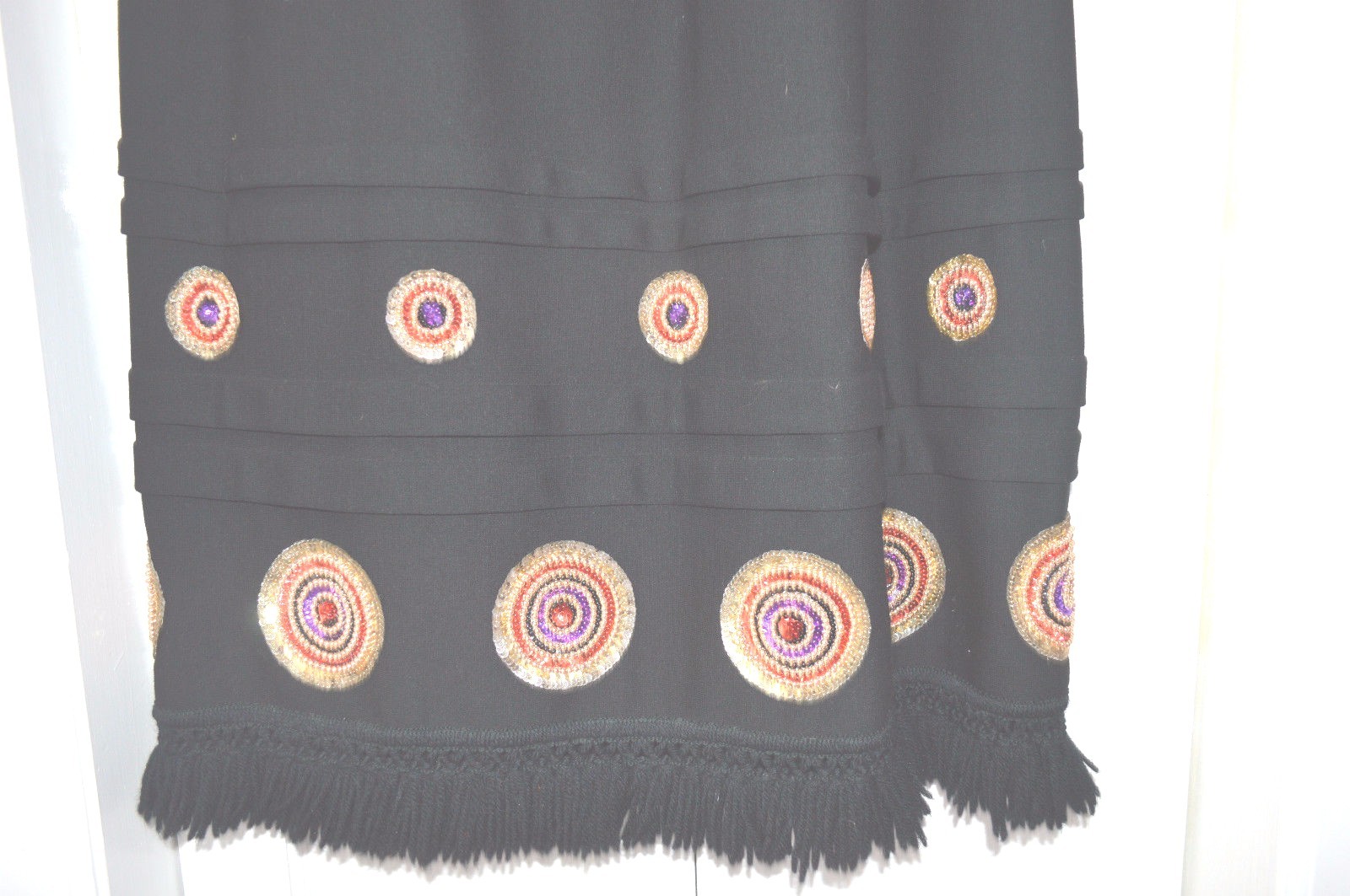VINTAGE SKIRT LONG LENGTH BLACK FRINGE HEM SEQUIN ACCENTS 1970’s 28″ WAIST