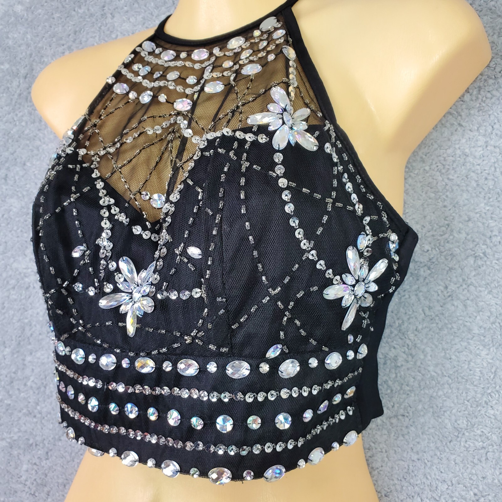 Vtg B Darlin Top Size S Black Halter Crop Embellished Jewels Sheer Padded Zip Up