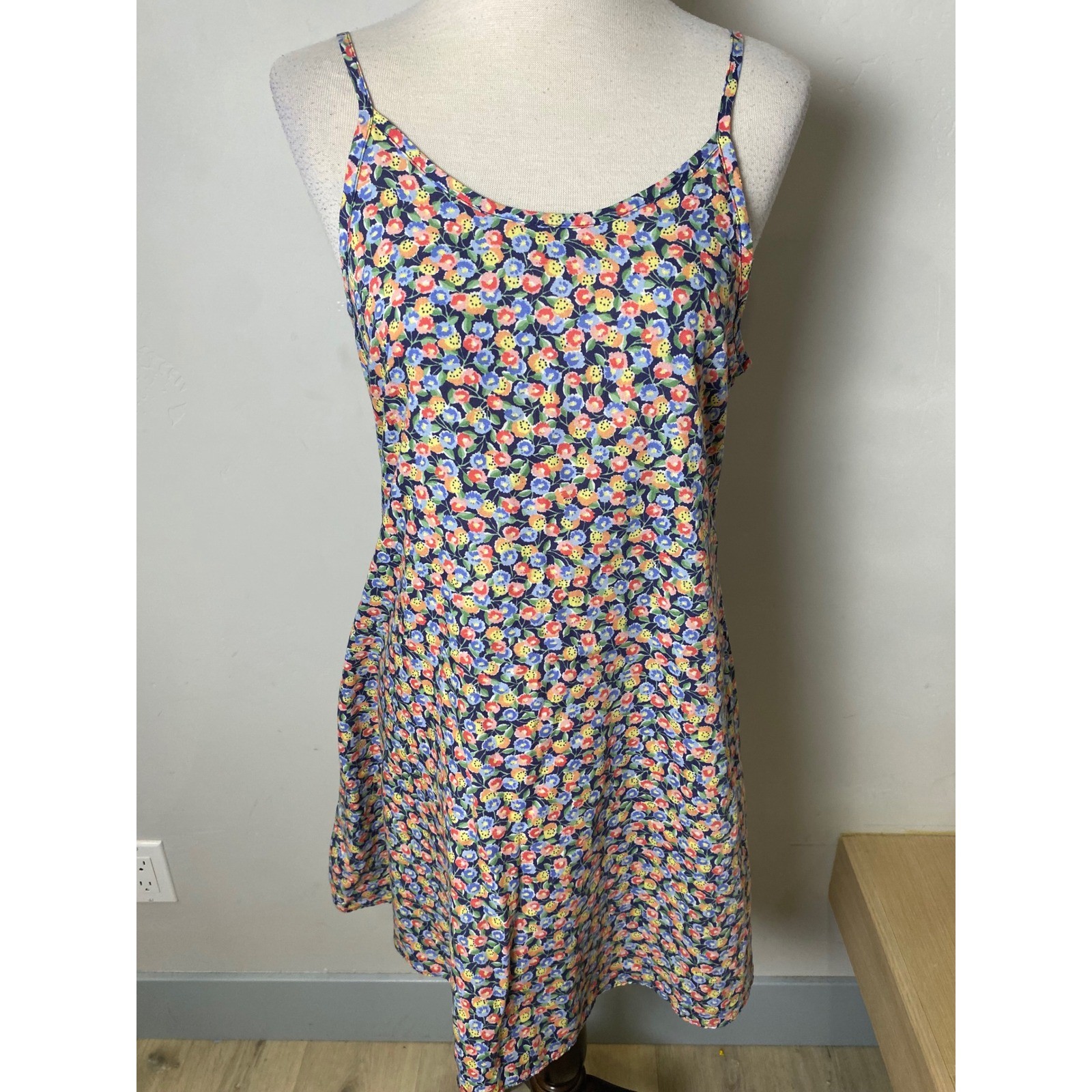 Vintage Peaches n Cream 90s Floral Slip Dress Blue Multi Spaghetti Strap Mini S