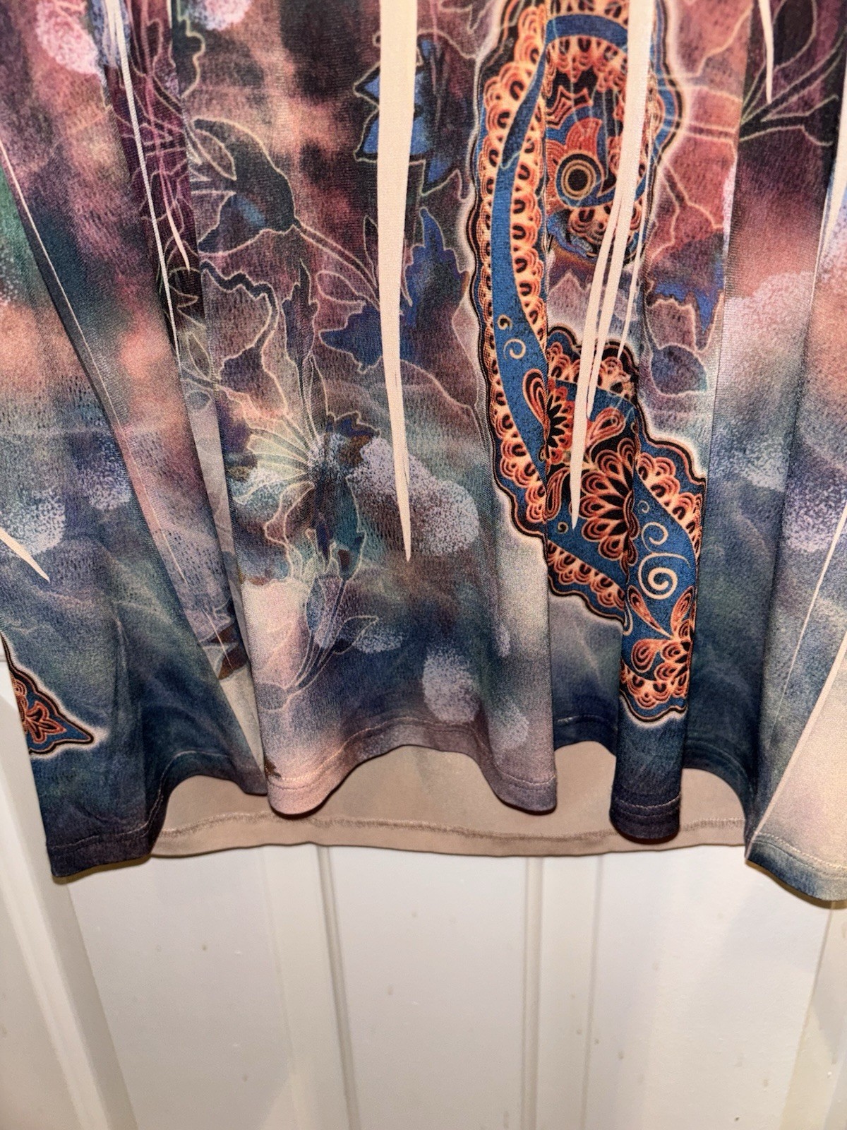 Women’s Large Top Boho Y2K Mandala Print V Neck Tunic Brown Tan Rust Blue Blouse