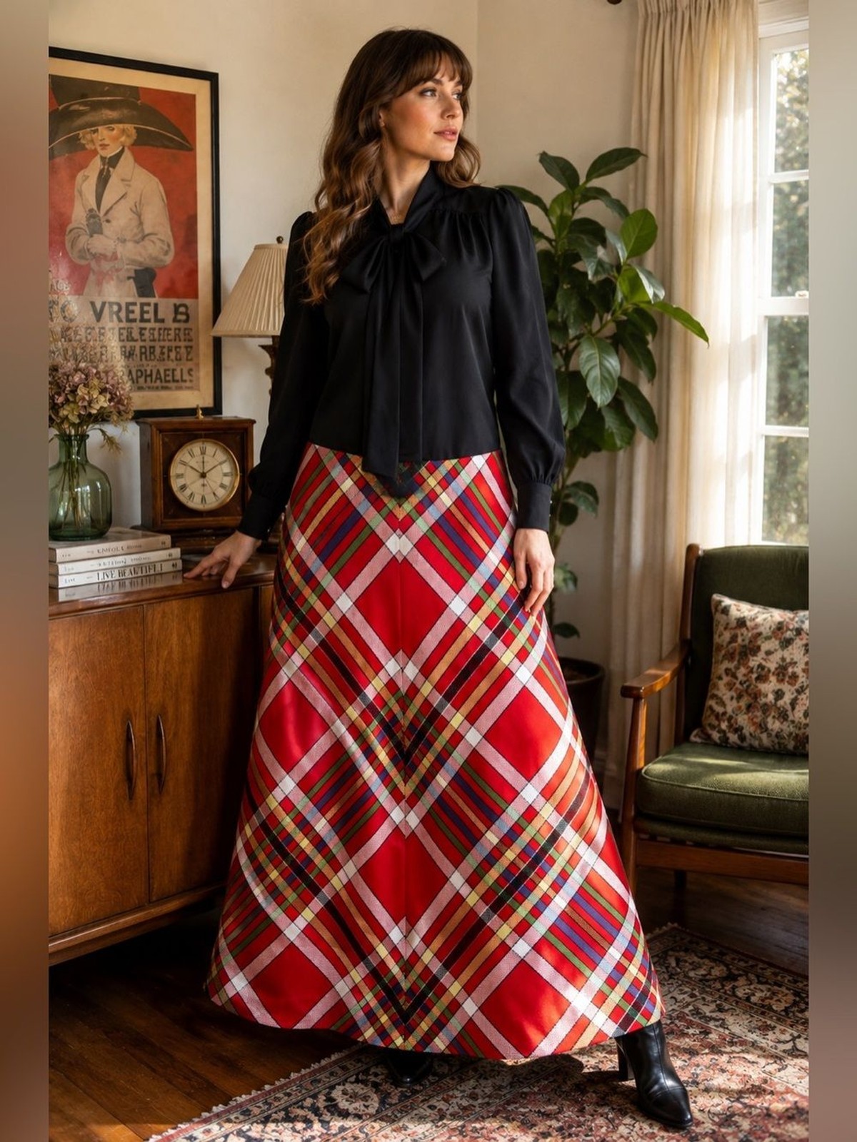 Vintage 1970s The Spectator Plaid Maxi Dress Neck Bow Mod Revival L/XL 14/16