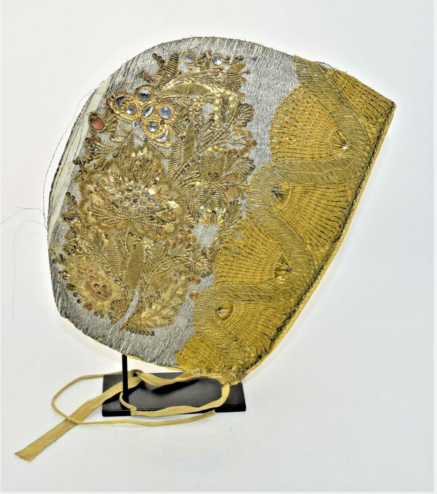 Antique 18th Century Woman’s Hat Coif Floral Design European Beaded, Embroidery