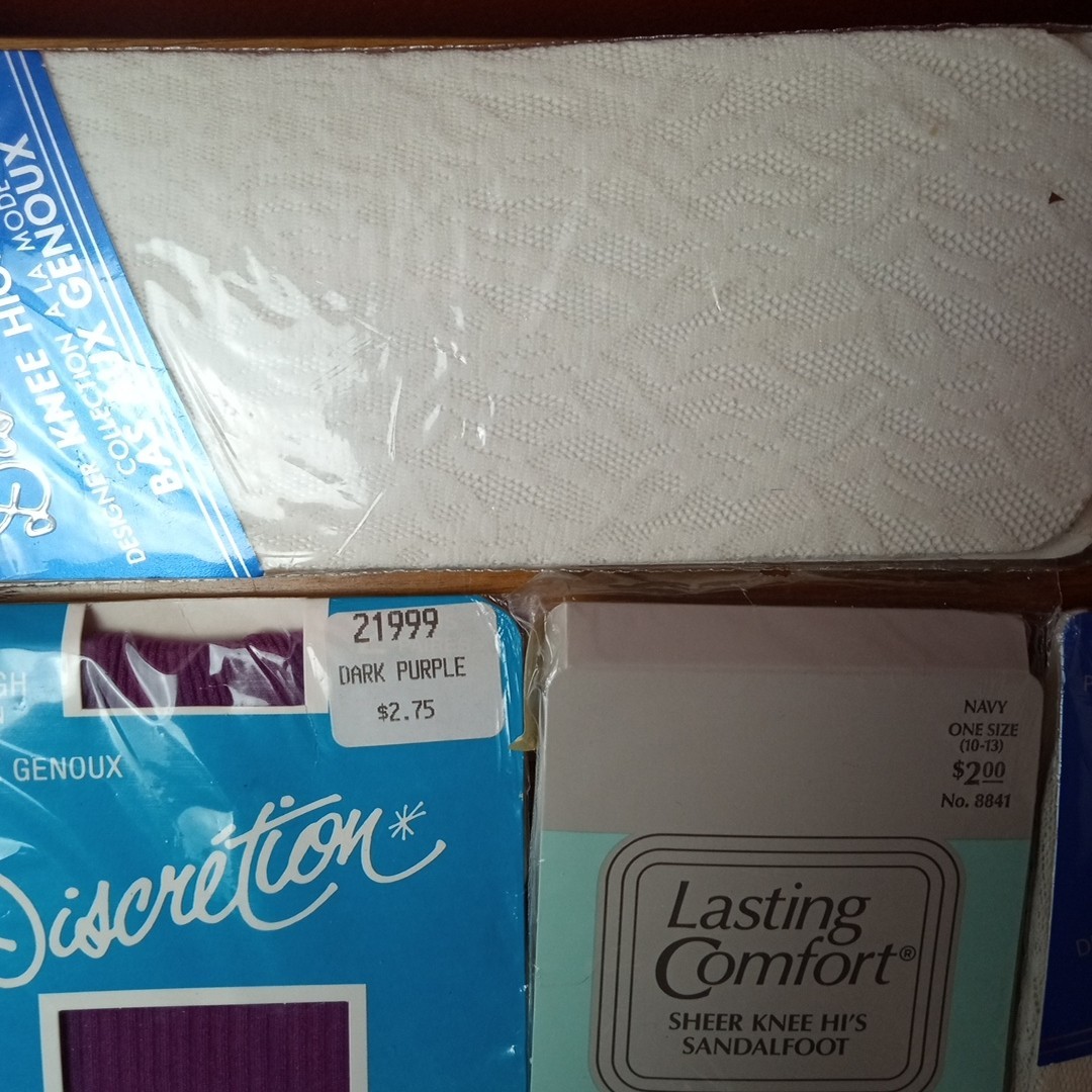 7 Vtg Textured Mesh Knee Hi High Sandal Foot Nylons Stockings One Size 8.5-13