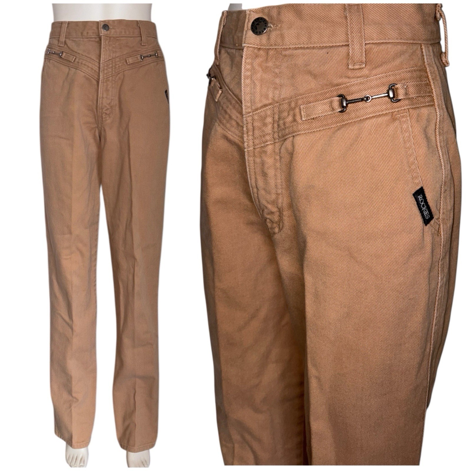 Vtg 80s 90s Rockies Western Horse Bit Jeans High Waist Tan Bareback 28 26 X 35