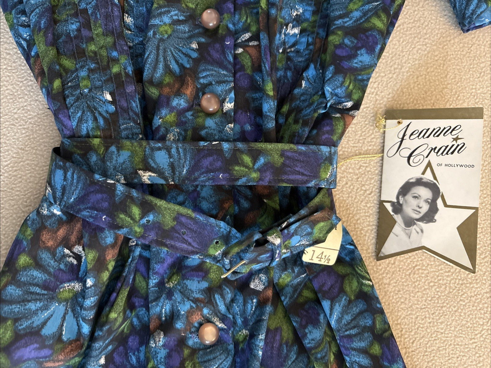 MCM Jeanne Crain of Hollywood Day Dress Blue Daisies Button/Tucks/Belt Sz 14-1/2