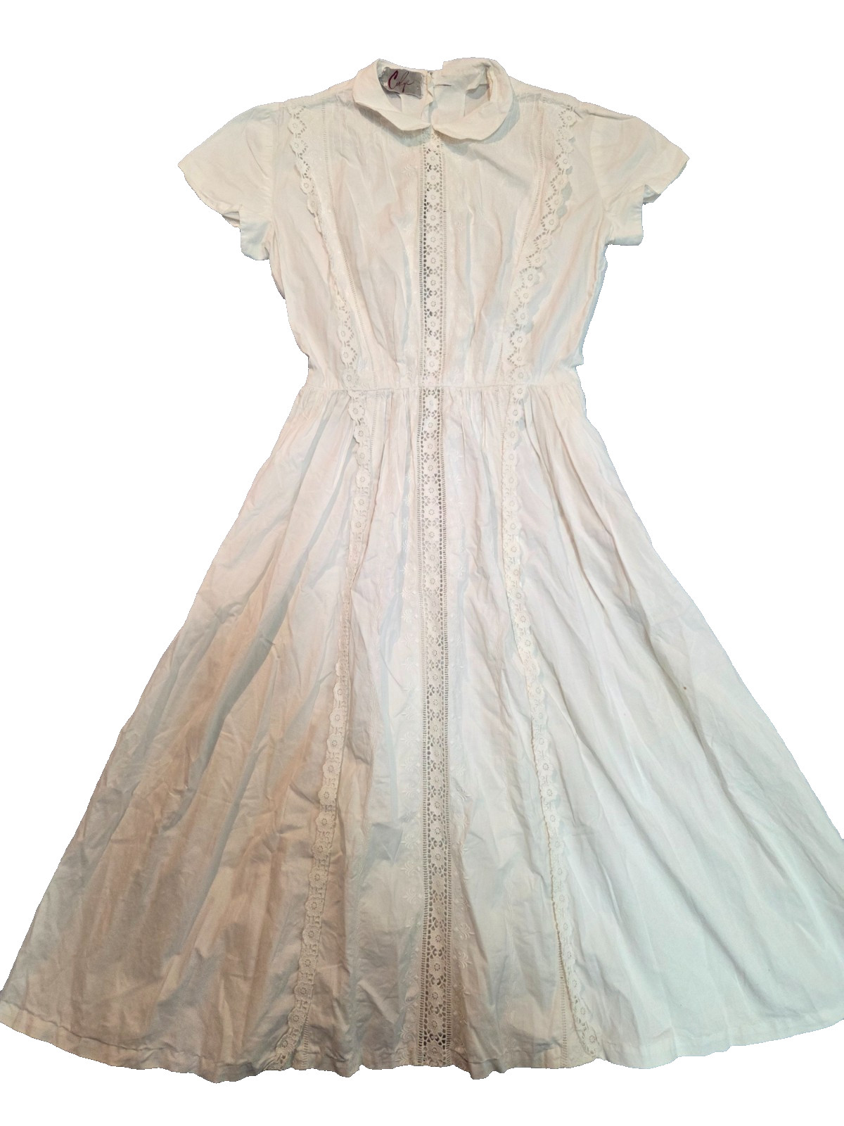 Vintage Carlye A-Line Linen Dress Women’s Small Beige Cap Sleeve Floral Lace