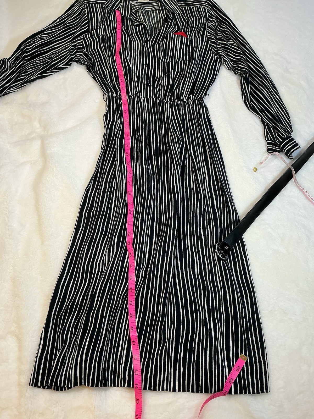 Vintage Petites By Willi 80s 90s Belted Black White Striped Shirt Dress
