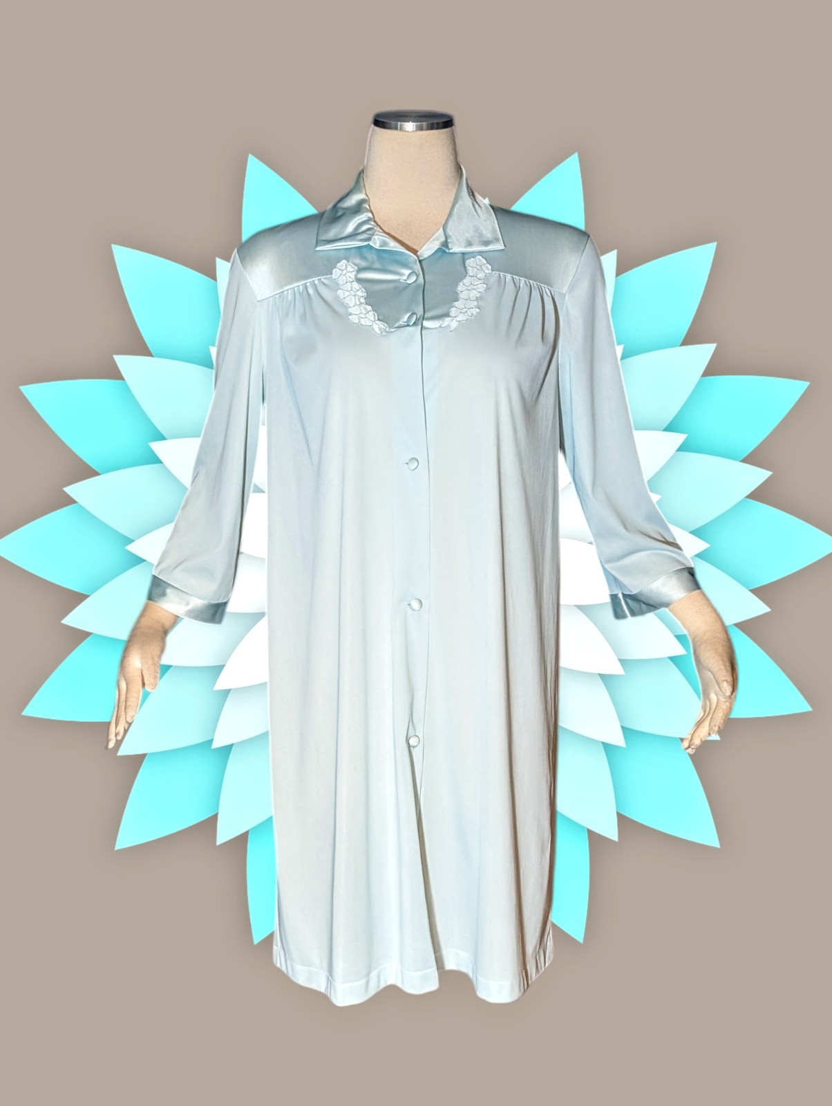 VANITY FAIR Button Up Nightgown FLORAL Aqua Blue Nylon EMBROIDERED Women’s 34