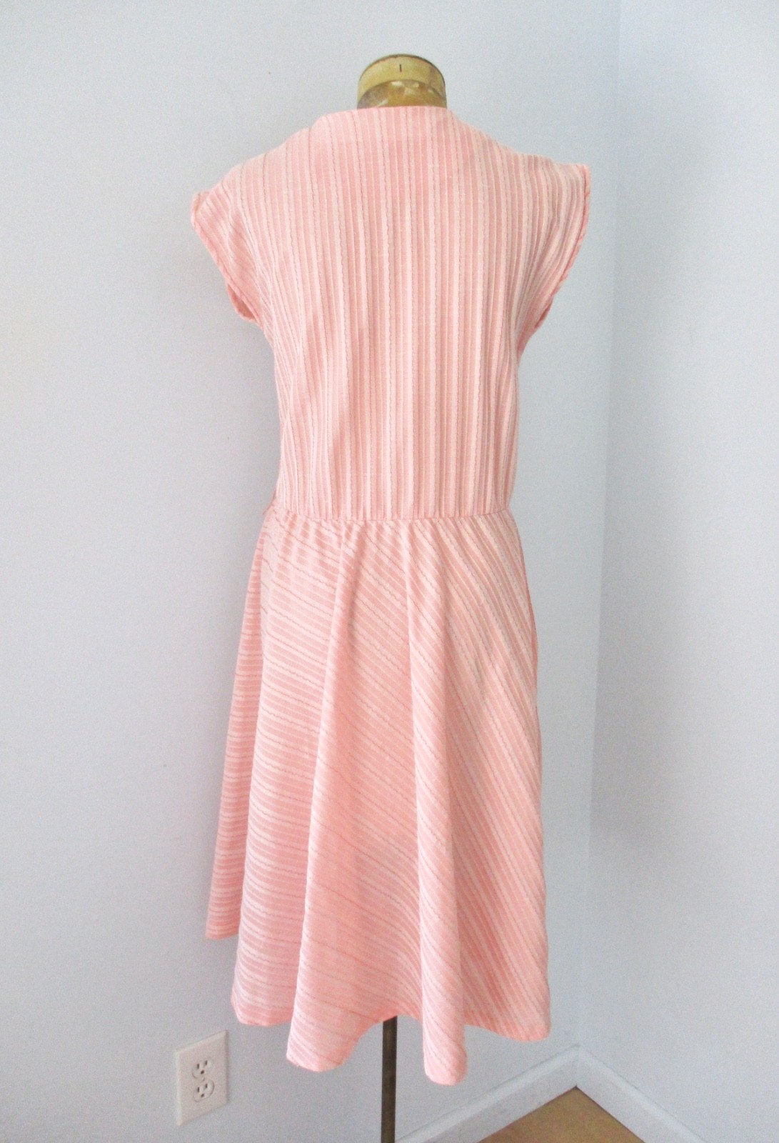 Vtg 70s Coral Pink Stripe Poly Knit Disco Secretary Dress Full Skirt Pocket M/L