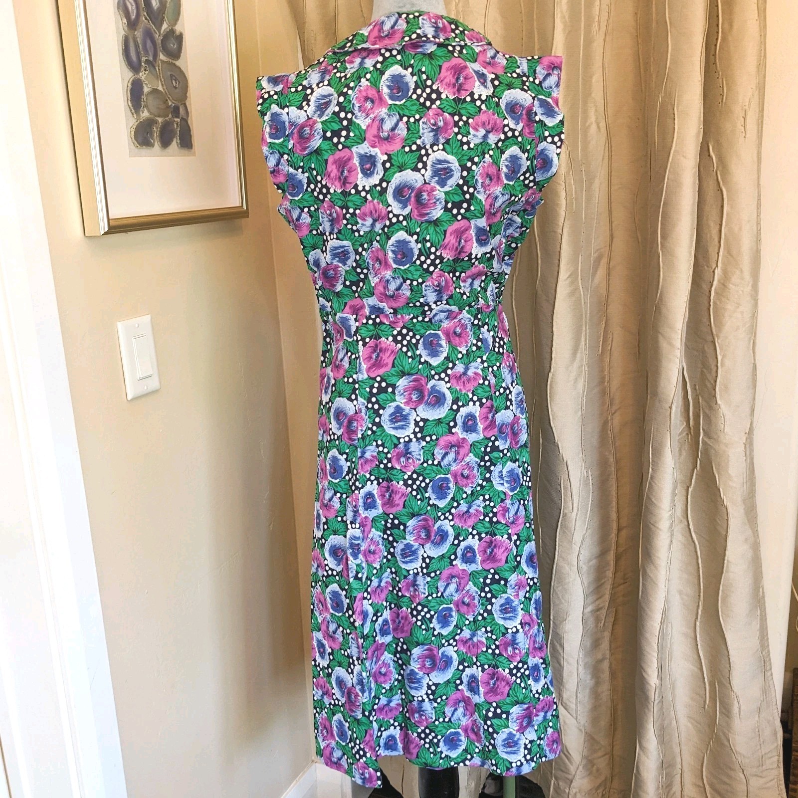 Vintage Handmade Polka Dot Floral Shirt Dress L Button Up Front Cottagecore Midi