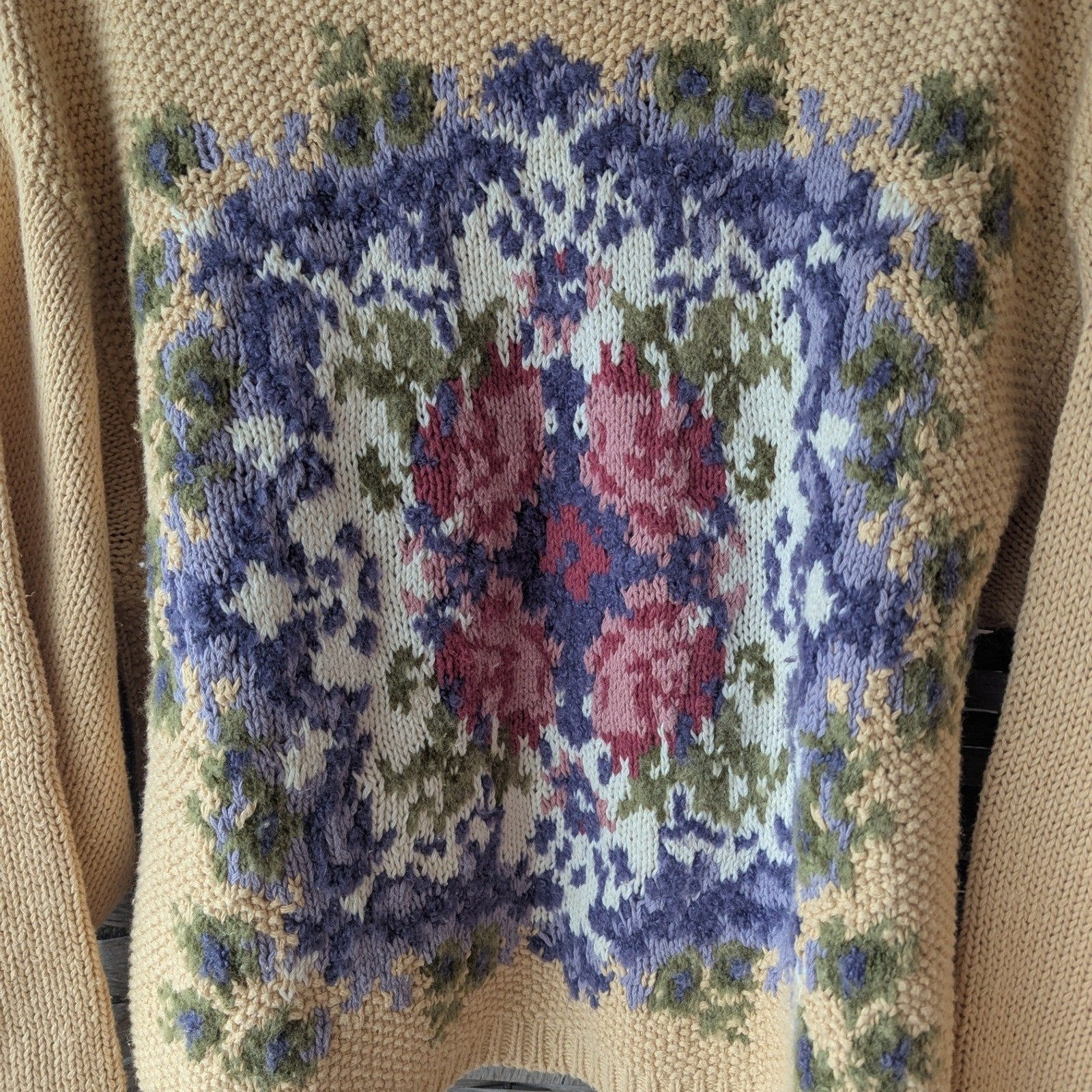 Vtg 90s Lizsport Hand Knitted Floral Sweater Butter Yellow Sz M Cottagecore