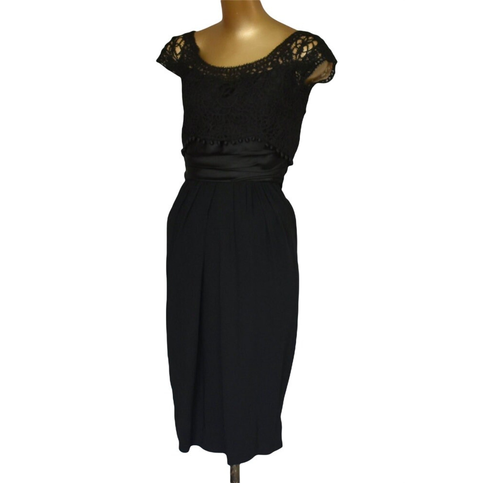 Vintage 50s Carlye Cocktail Dress, Black Lace Rayon Crepe Wiggle Dress, XXS 2XS