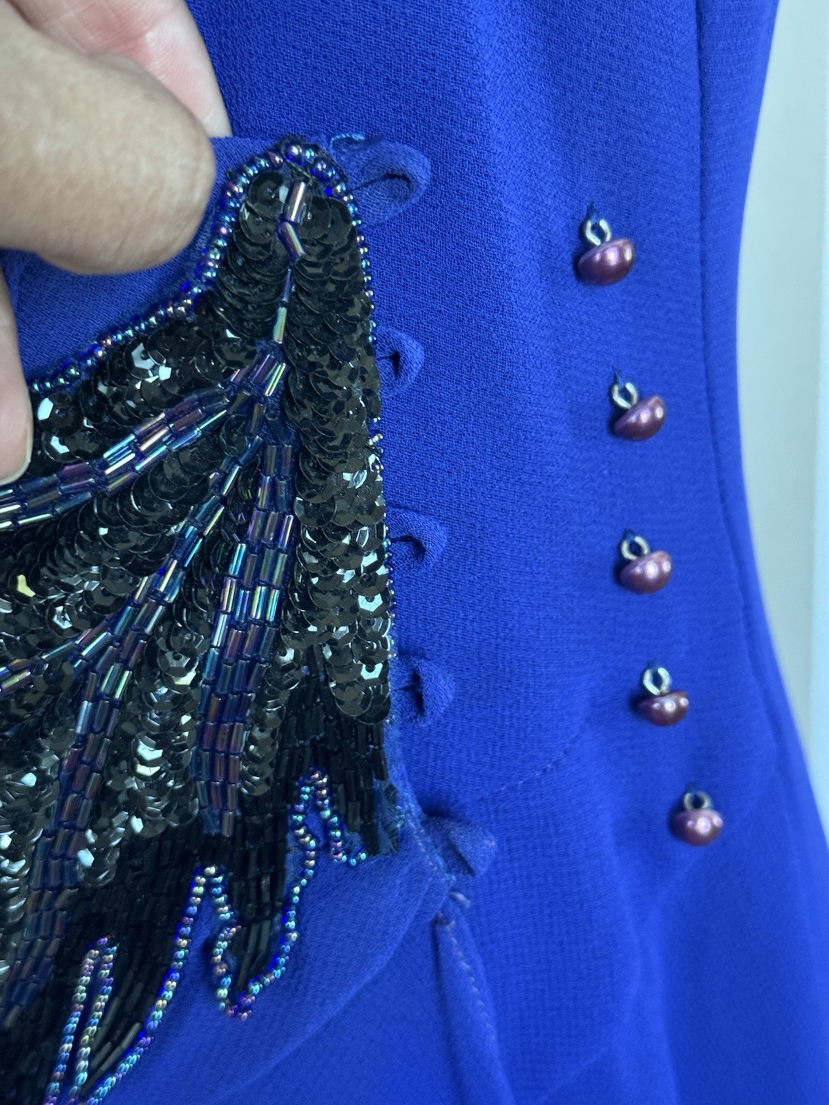 Vintage 80s Casadei Blue Long Sleeve Beaded Sequin Waist Fit Flair Midi Dress 10