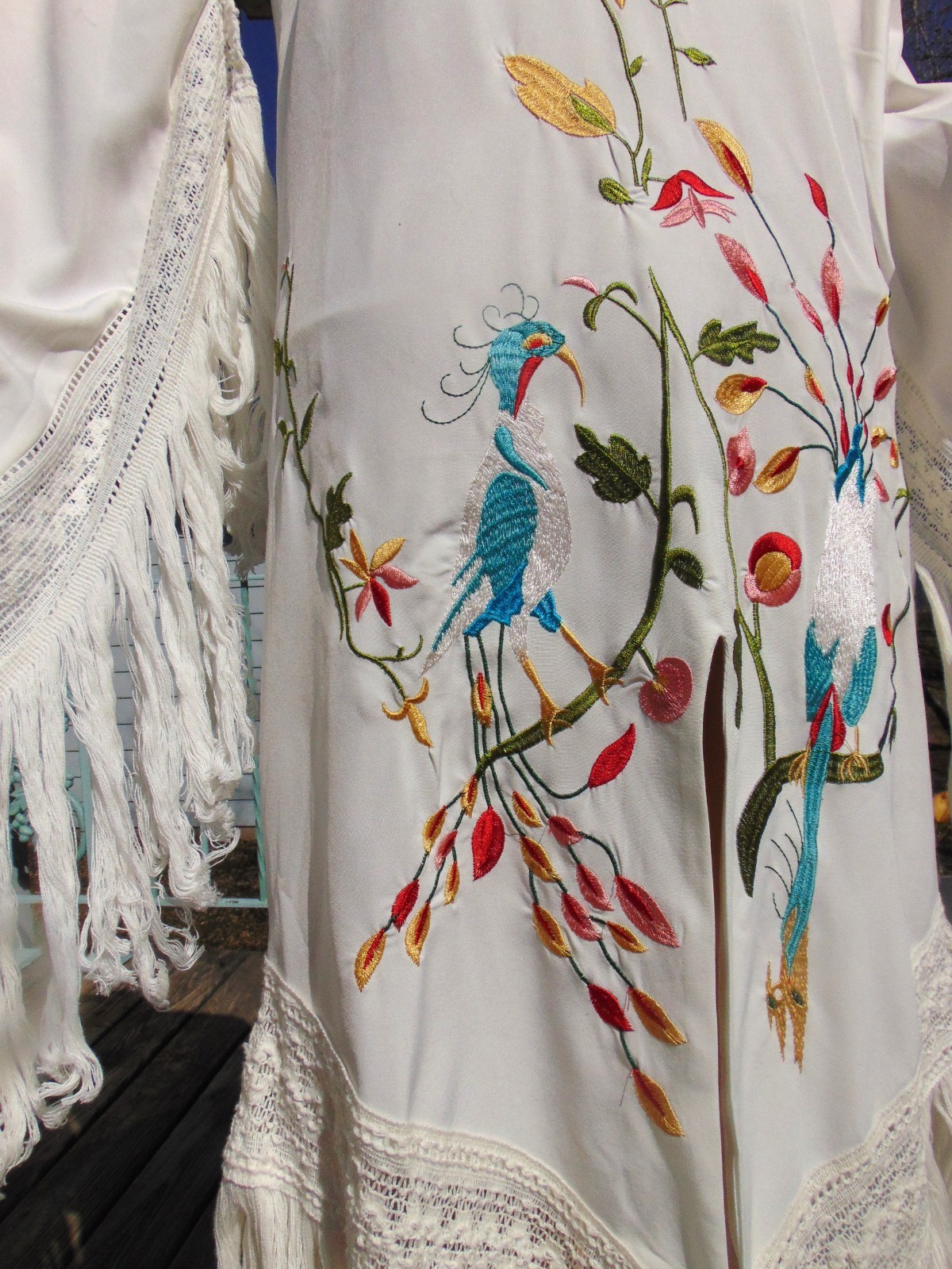 Vtg Rachel Welch Replica Iconic Embroidered Peacock Fringe Hippie Dress
