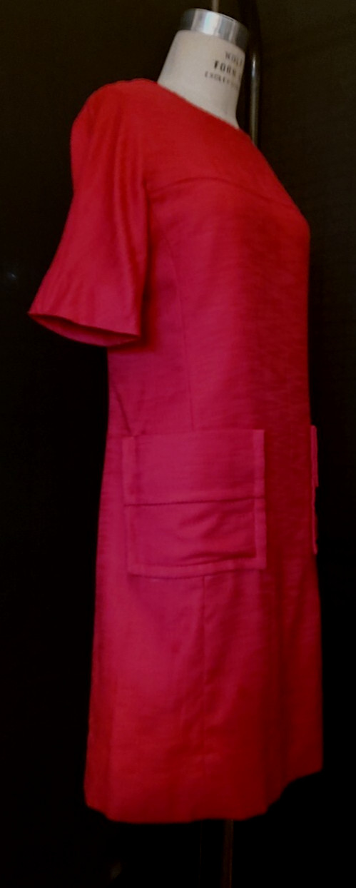 Vtg 60s SHIFT Style DRESS SABRINA NECK, DEEP GERANIUM PINK LINEN, MOP BUTTONS