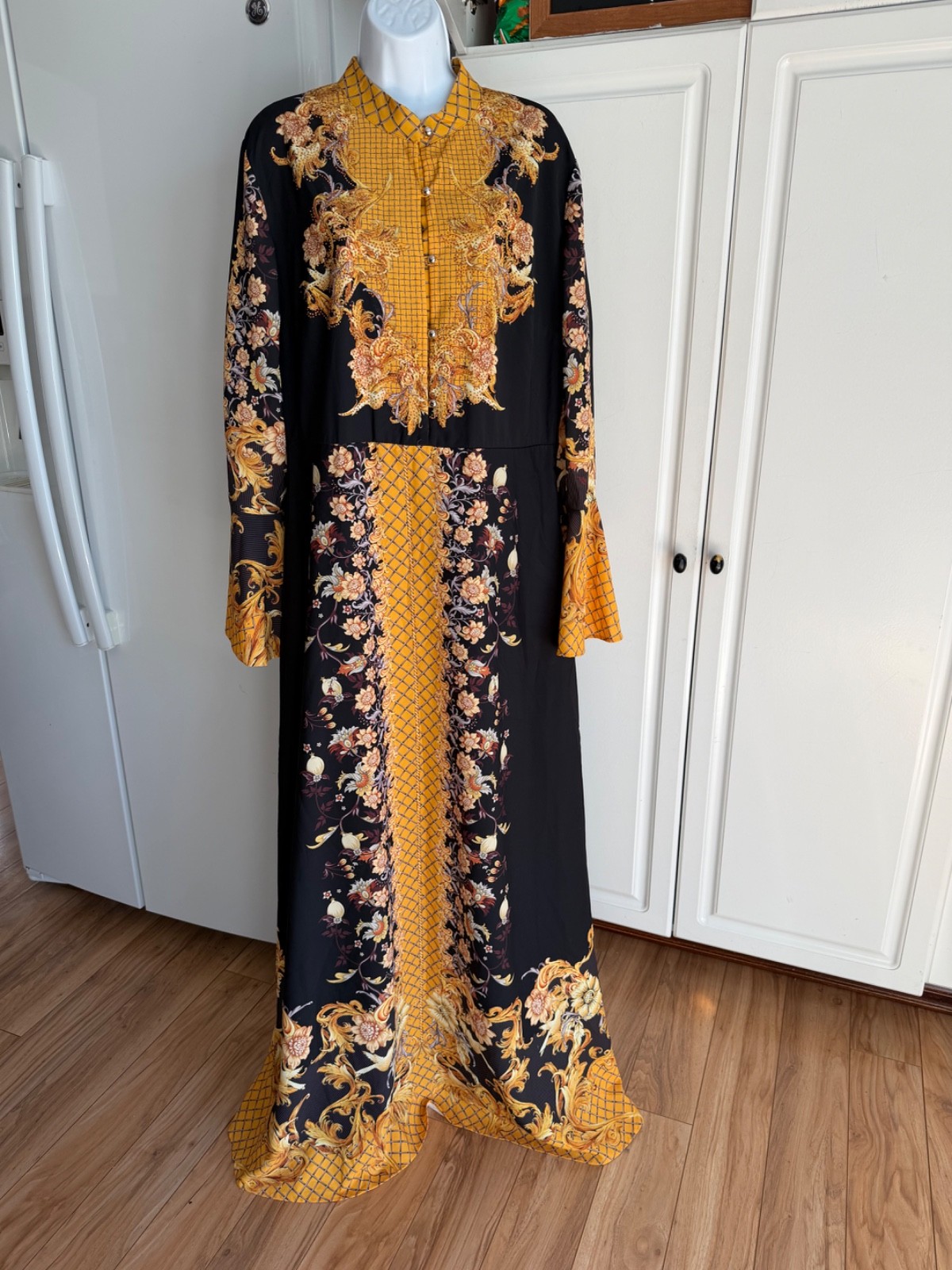 Vintage Bell Sleeve Maxi Dress Size 16 Black Gold Baroque Long Sleeve High Neck