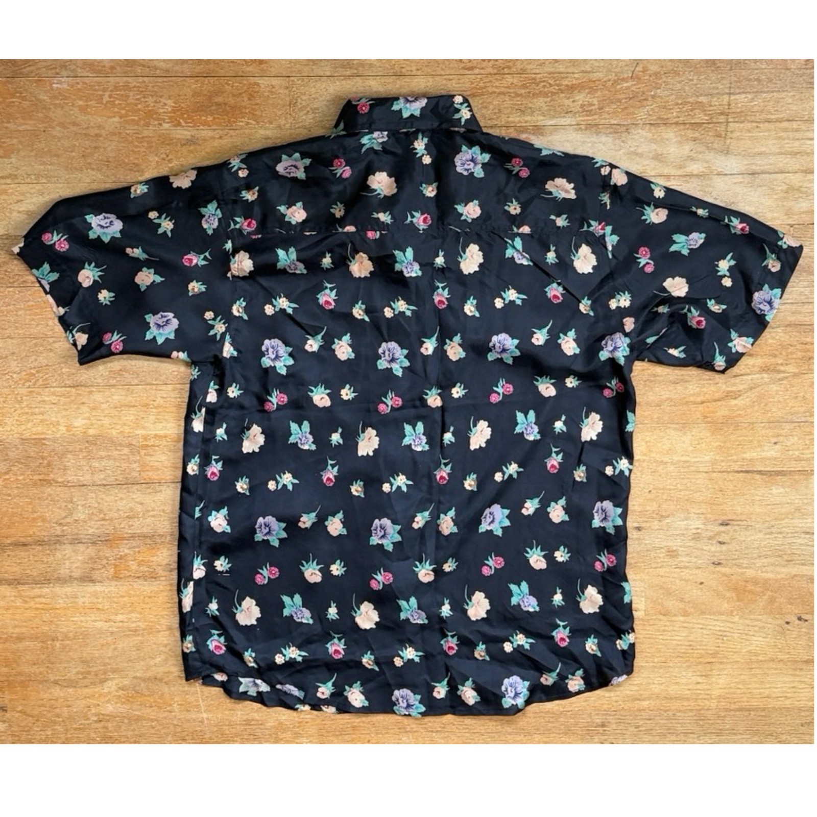 Vintage 100% Silk Floral Skirt Top Set Size Small Black Two Piece Midi Outfit